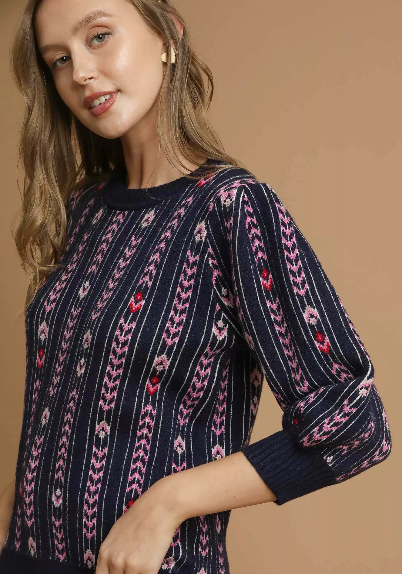 Umgee Jacquard Knit Puff Sleeve Sweater