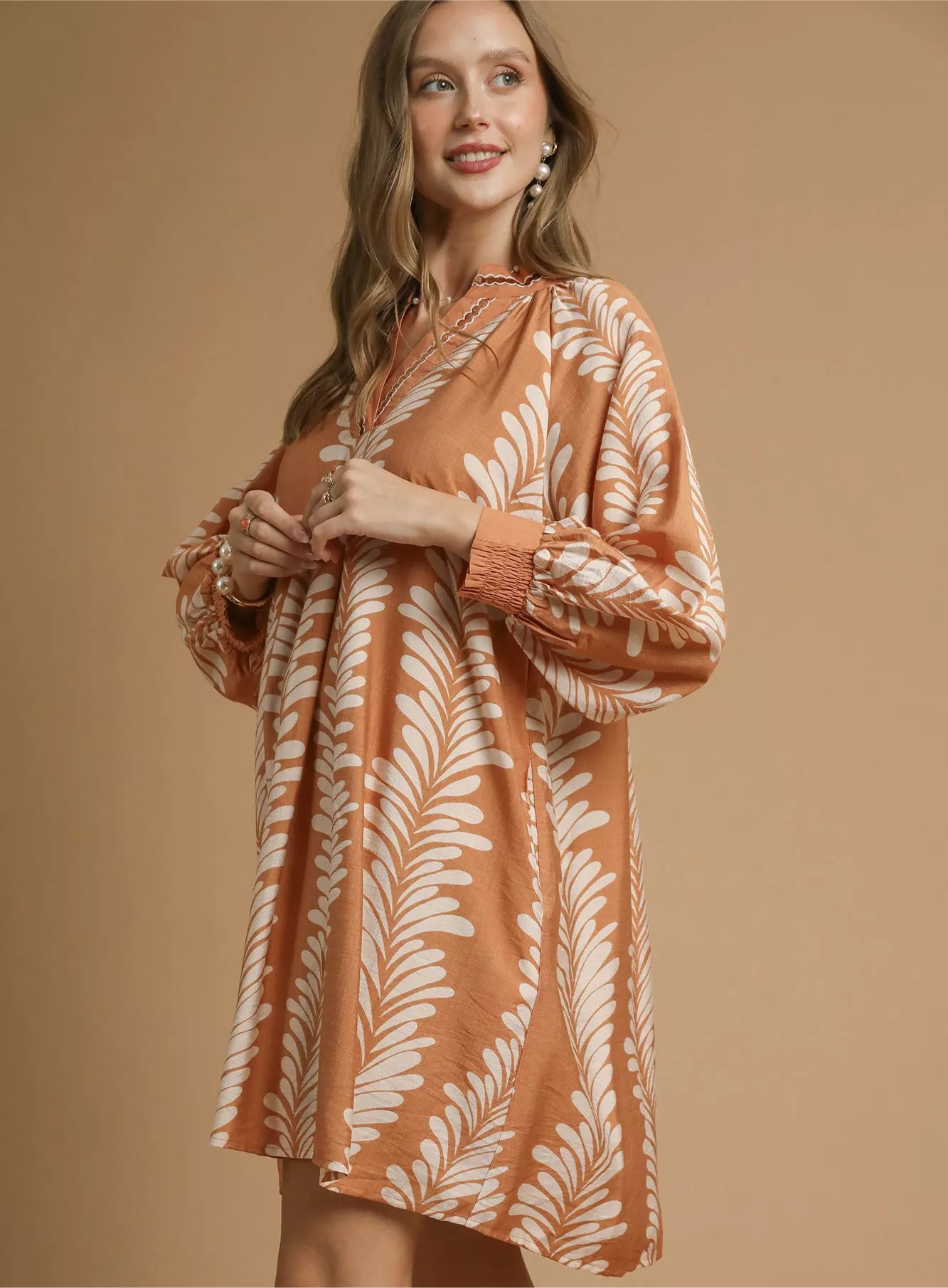 Umgee Leaf Print Notched Mini Babydoll Dress