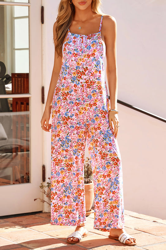 Multicolour Floral Print Spaghetti Straps Loose Pocketed Jumpsuit