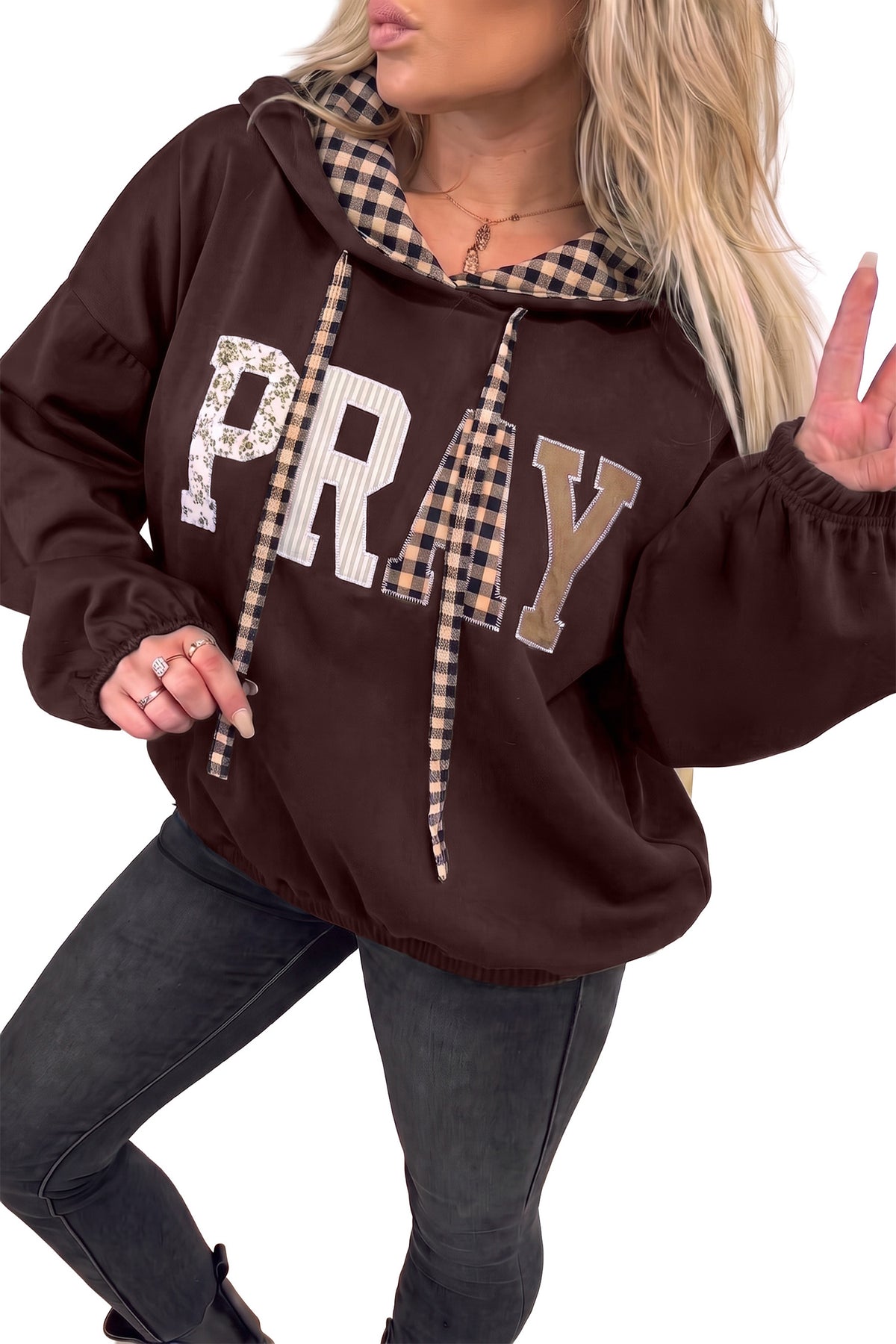 PRAY Graphic Plaid Contrast Drawstring Hoodie