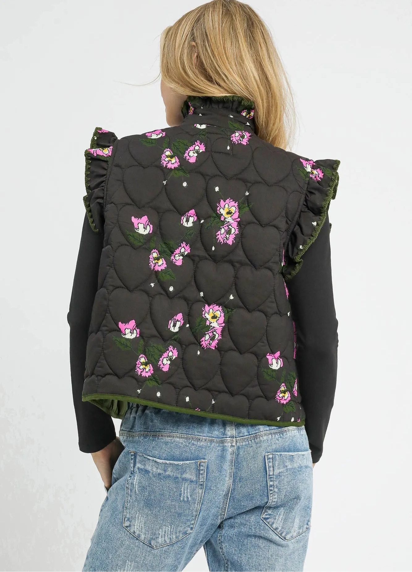 Umgee Ruffled Quilted Floral Snap Down Vest