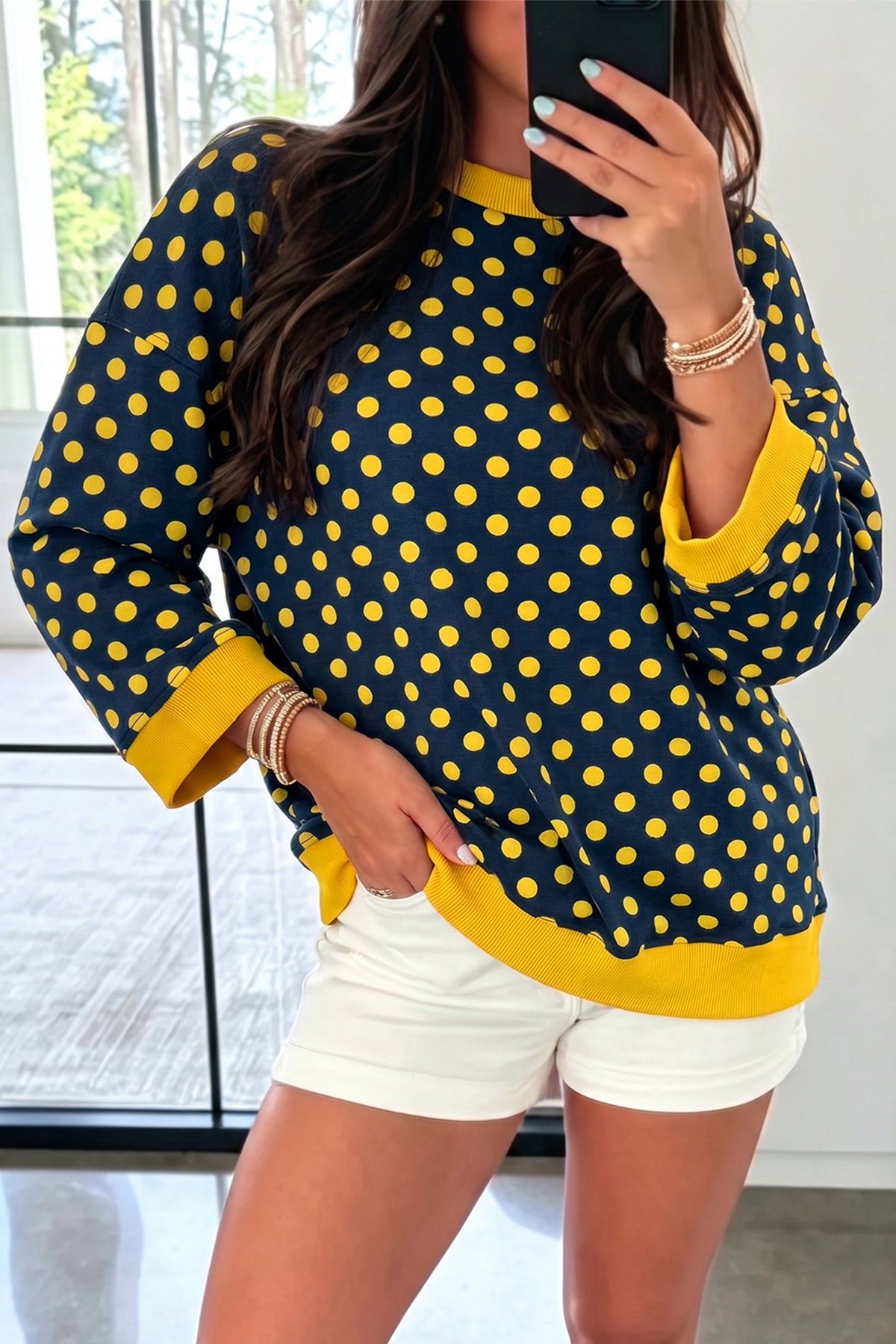 Green Polka Dot Print Contrast Trim Round Neck Bracelet Sleeve Top