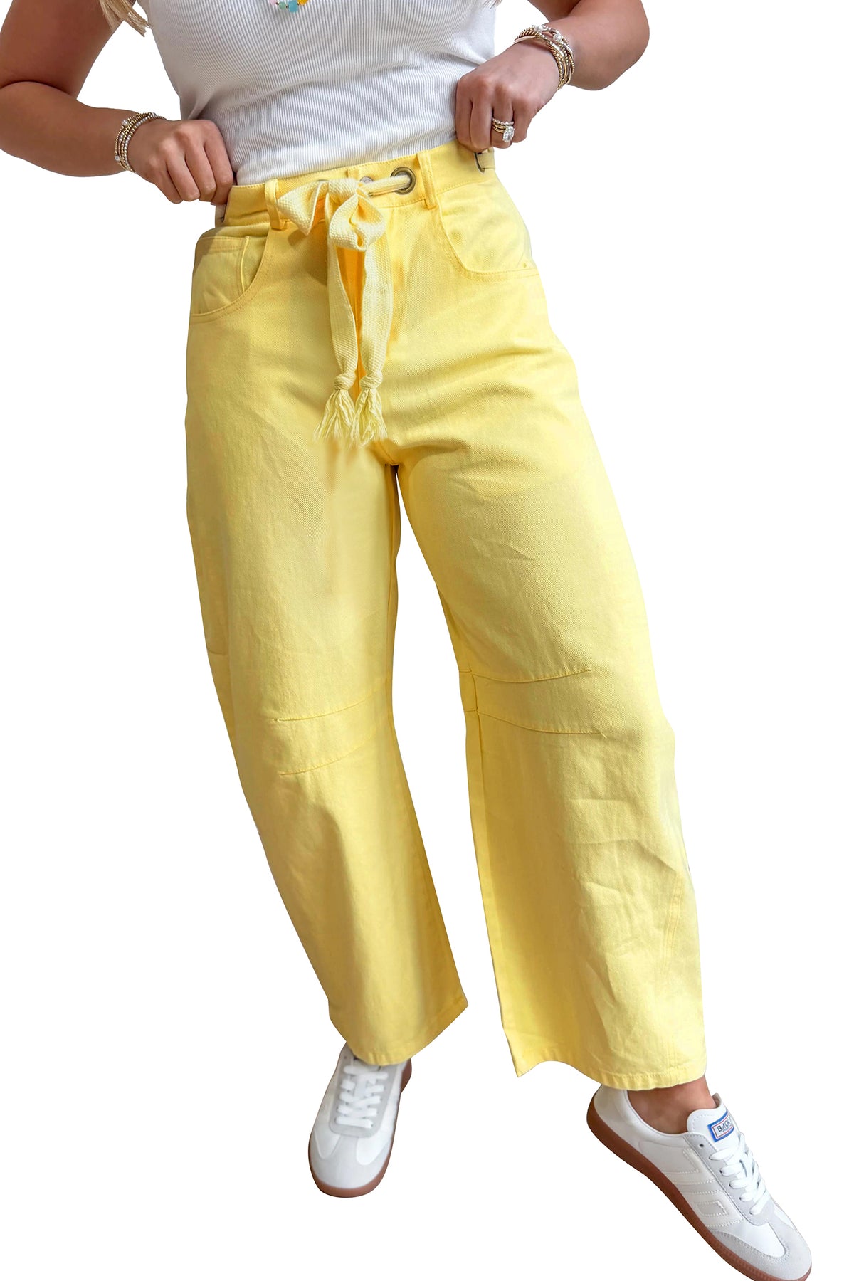Light Pink Solid Color Grommet Detail Knot Waist Barrel Jeans