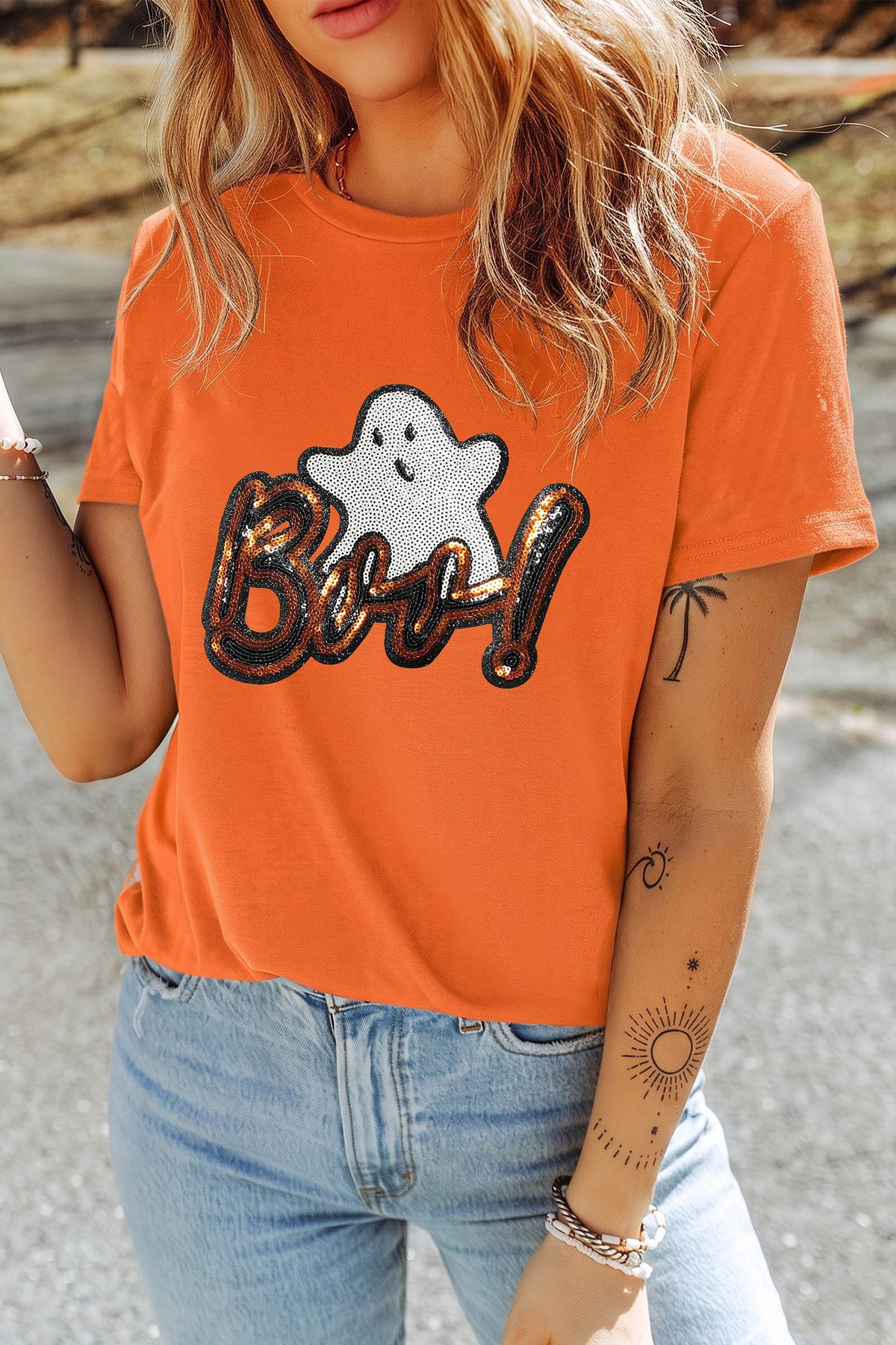 Orange Sequin Ghost Halloween Graphic T-Shirt