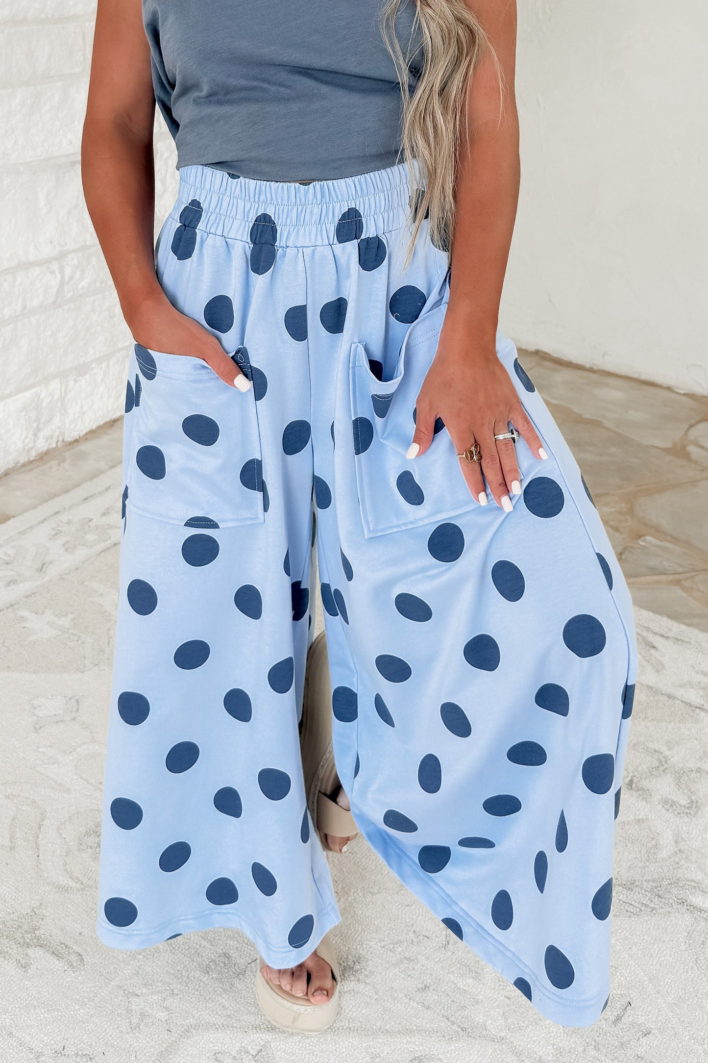 Brown Polka Dot Wide Leg Elastic Waist Casual Pants