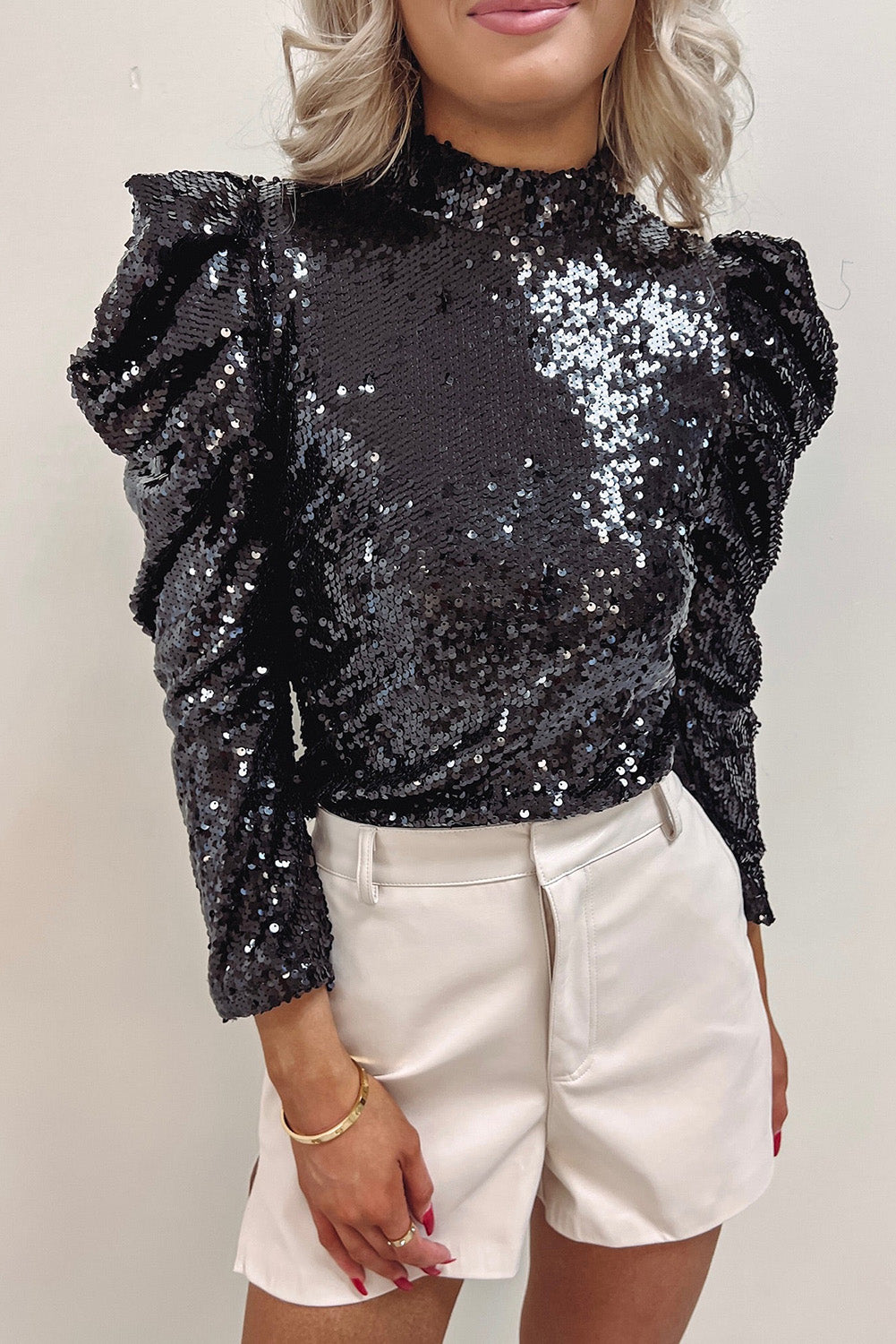 Midnight Drama Puff Sleeve Sequin Top