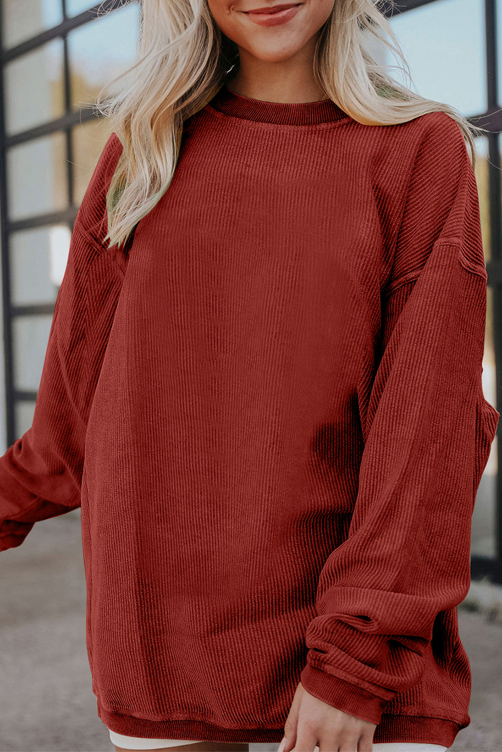 Strawberry Pink Ribbed Corduroy Oversized Sweatshirt