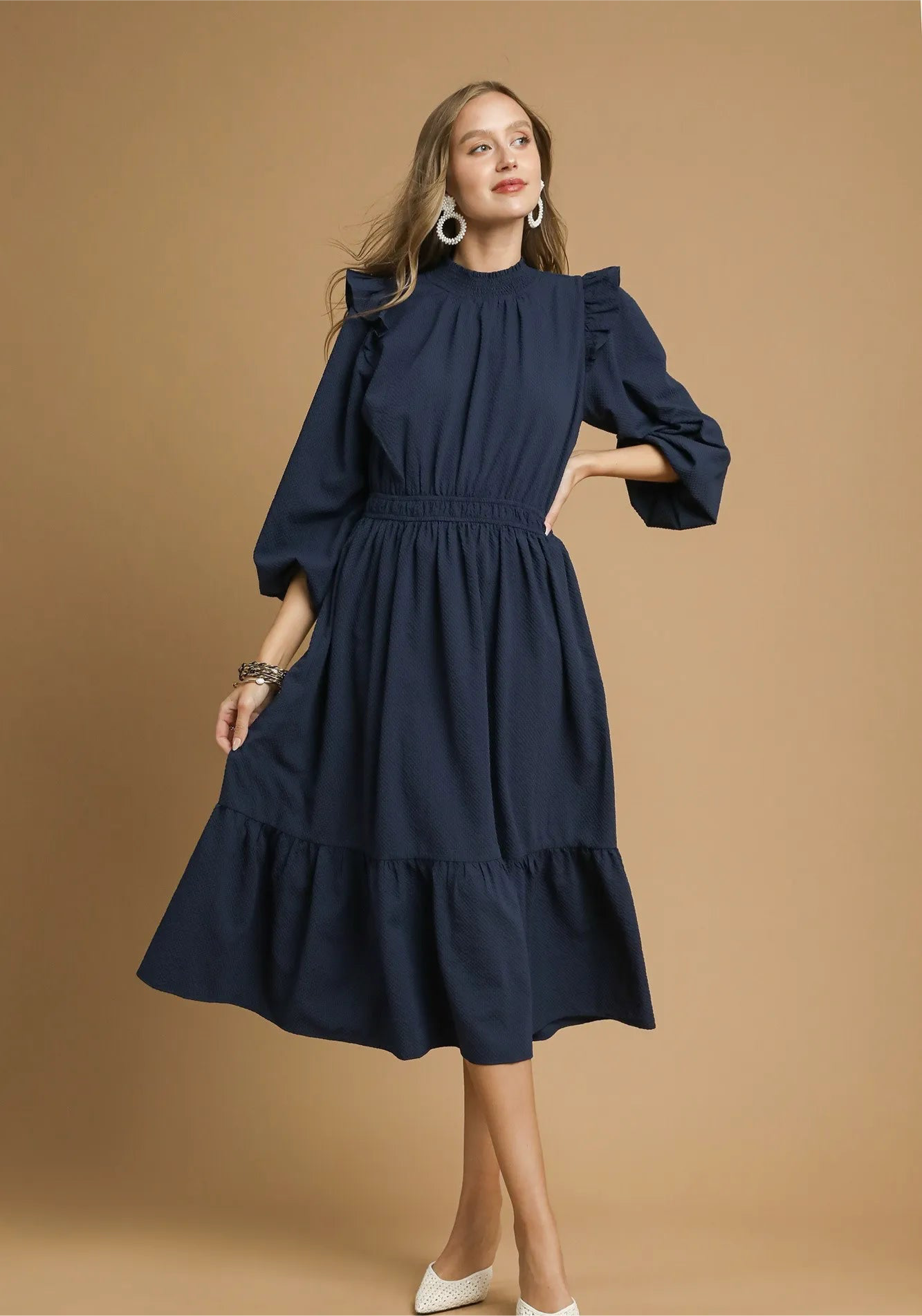 Umgee Textured Midi Dress with Ruffle Shoulder Detail