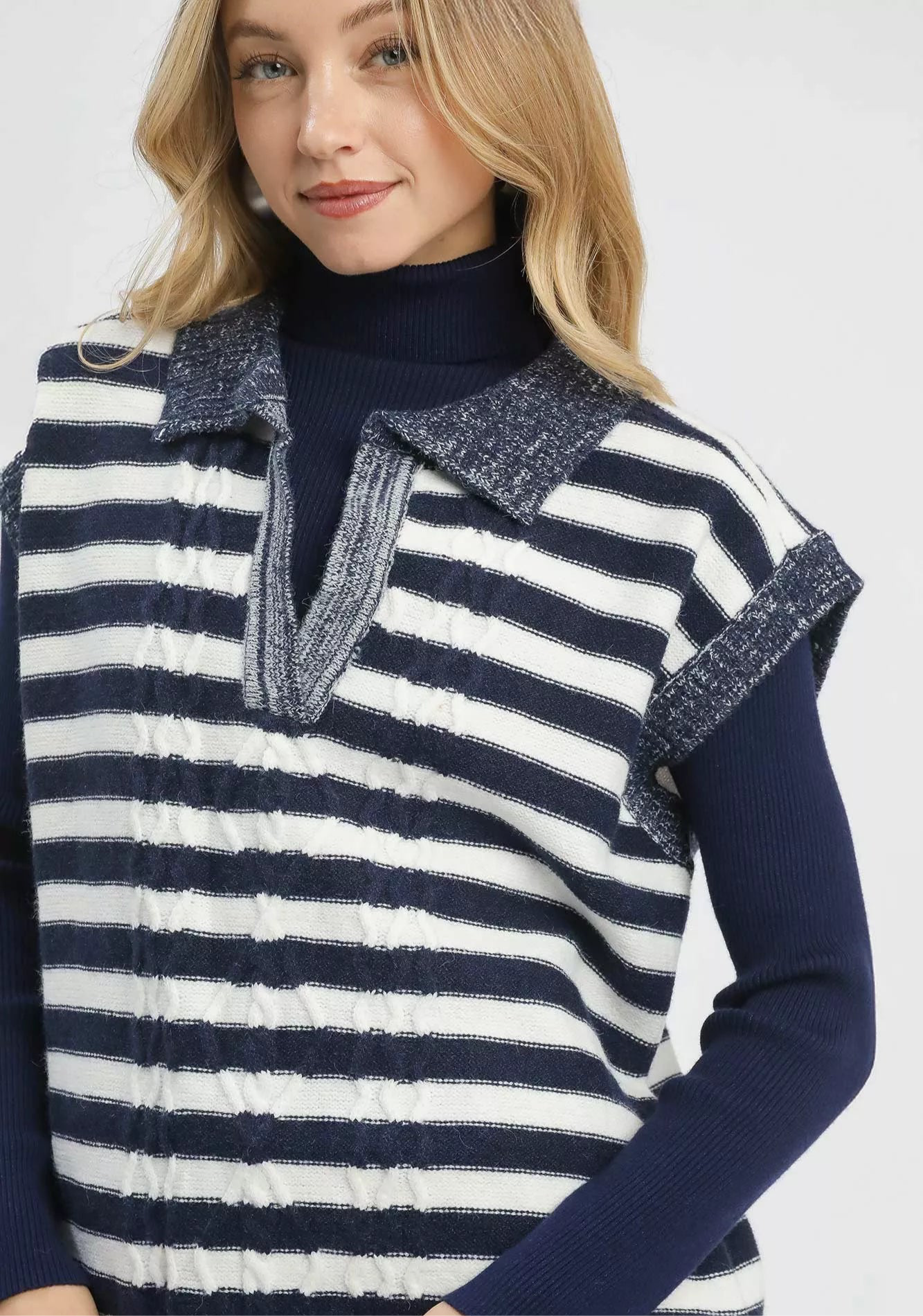 Umgee Cable Knit Collared Striped Vest Sweater