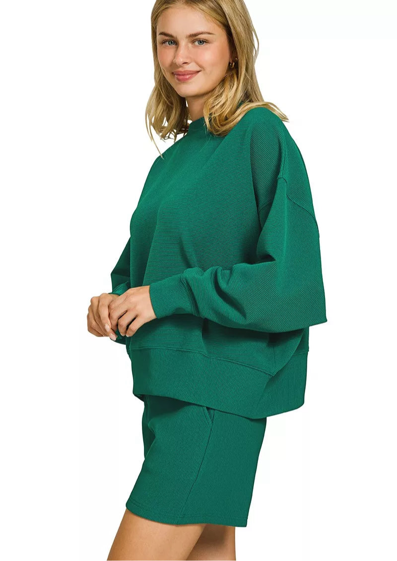 Zenana Ribbed Round Neck Pullover and Shorts Set