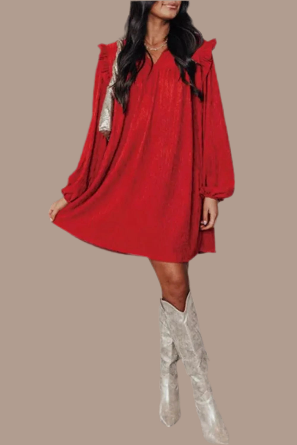Frill Notched Long Sleeve Dress