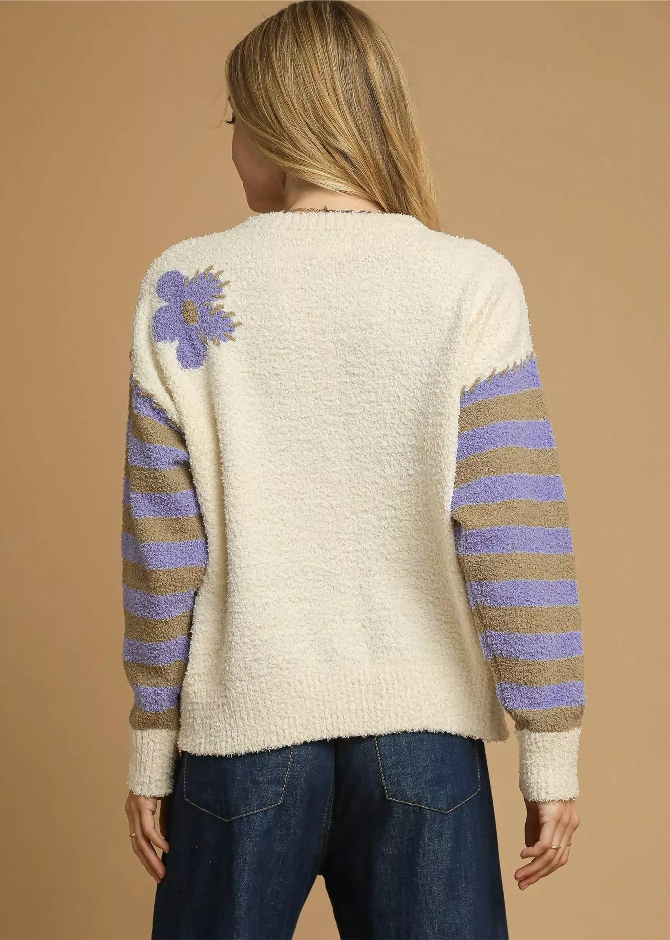 Umgee Flower Jacquard Striped Long Sleeve Sweater