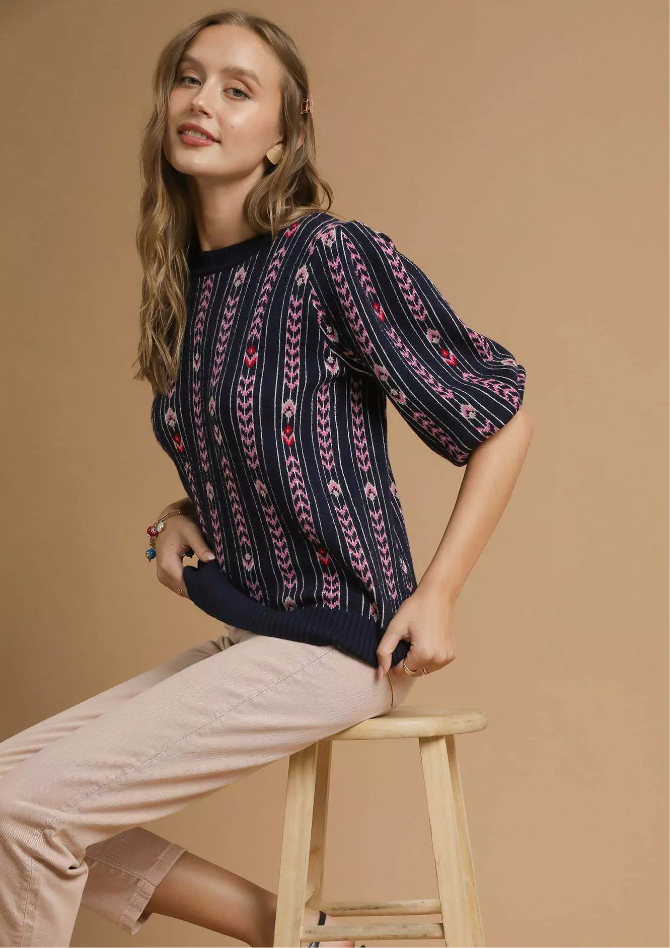 Umgee Jacquard Knit Puff Sleeve Sweater