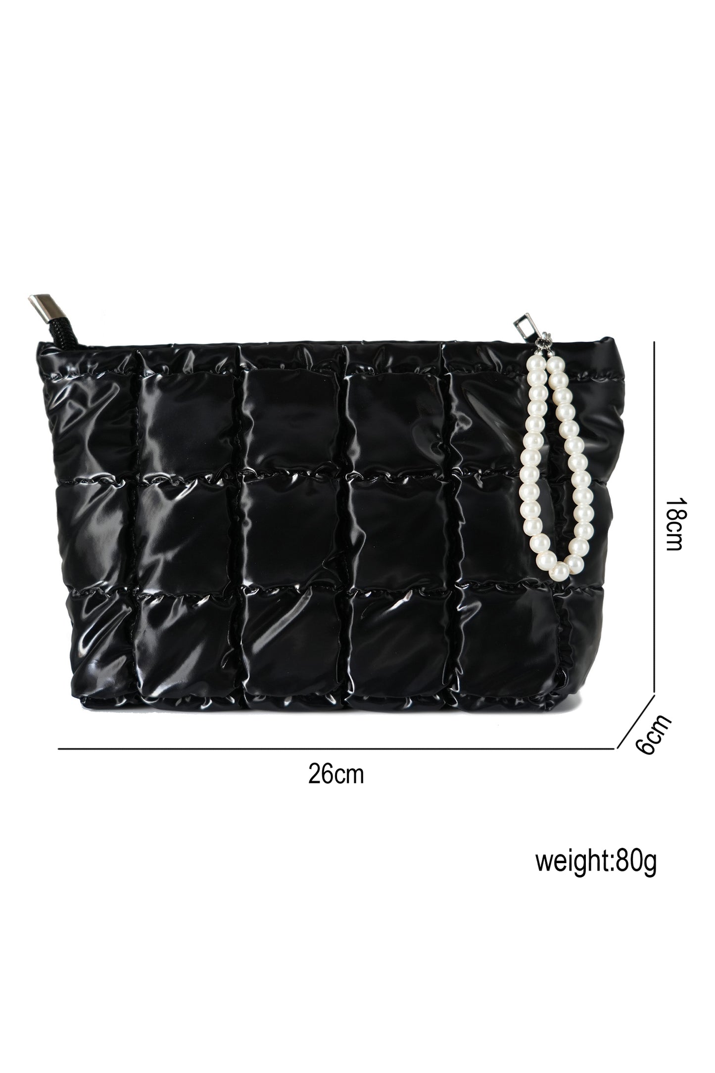 Color black PU Leather Quilted Texture Pearl Chain Zip Makeup Bag
