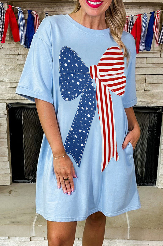 Blue Patriotic Big Bow Stitched T Shift Mini Dress