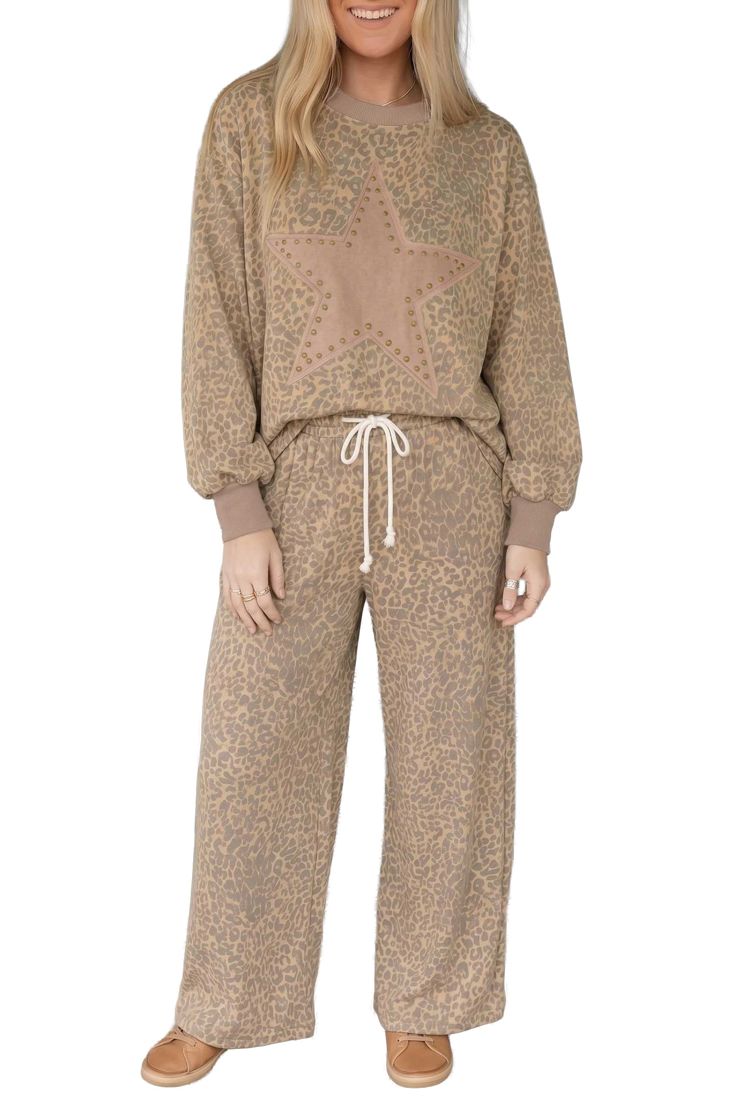 Khaki Leopard Star Print Long Sleeve Loose Casual Two Piece Pants Set