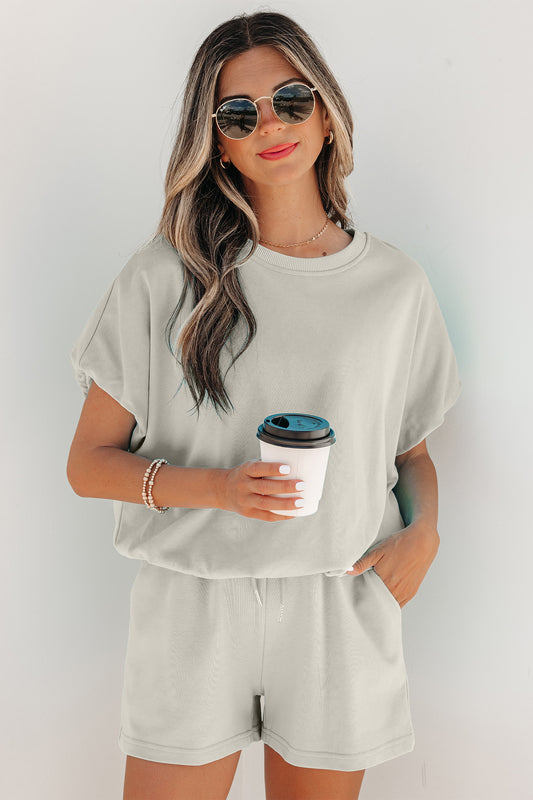 Smoke Gray Solid Color Puffy Loose Top Drawstring Shorts 2pcs Outfit
