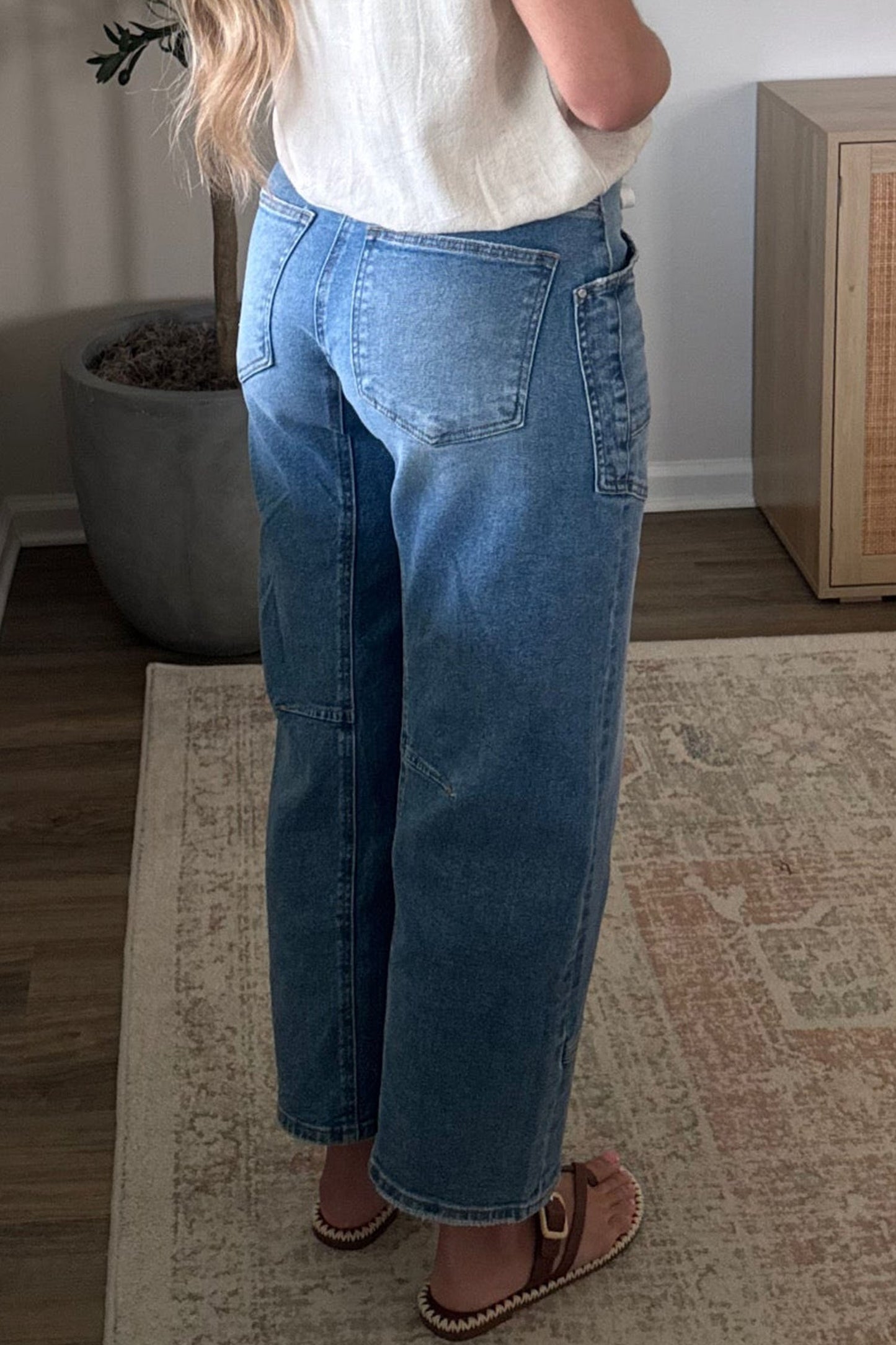 Beau Blue Solid Patchwork Grommet Tie Waist Loose Ankle-Length Jeans