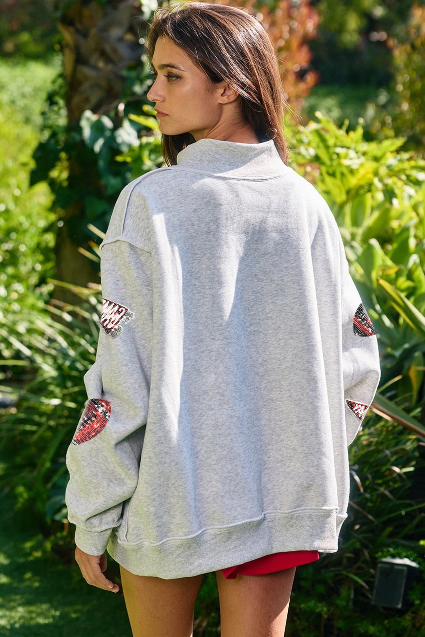 Grey Sequin Game Day High Neck Baggy Sweatshirt