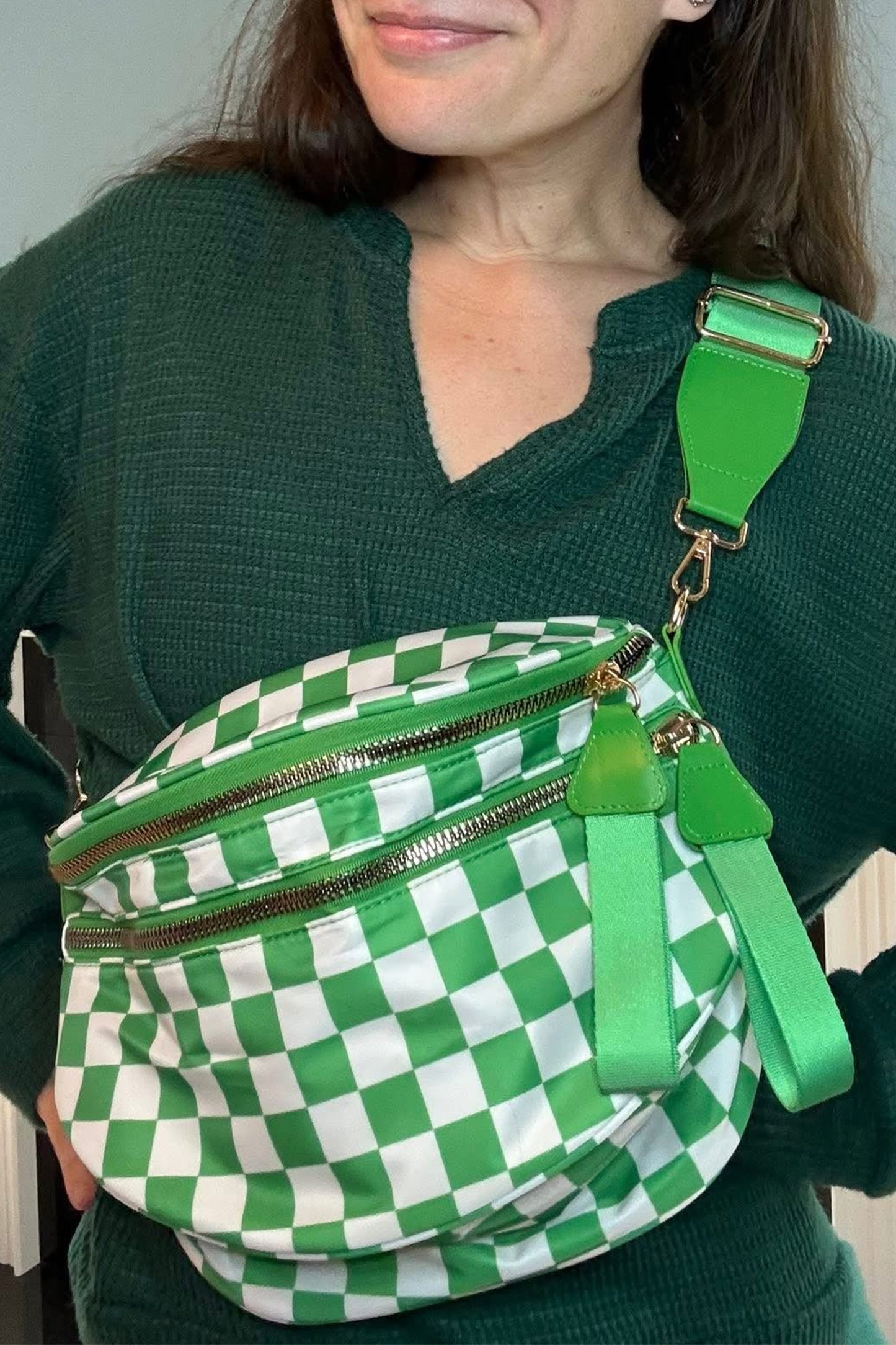 White Checkered Print Wide Strap Large Crossbody Bag