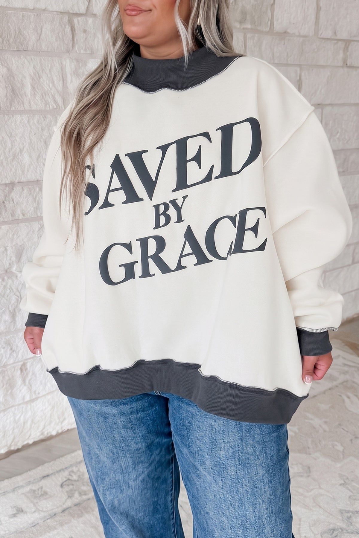 Saved by Grace Over-Sized Mock Neck Sweatshirt (Plus Size)