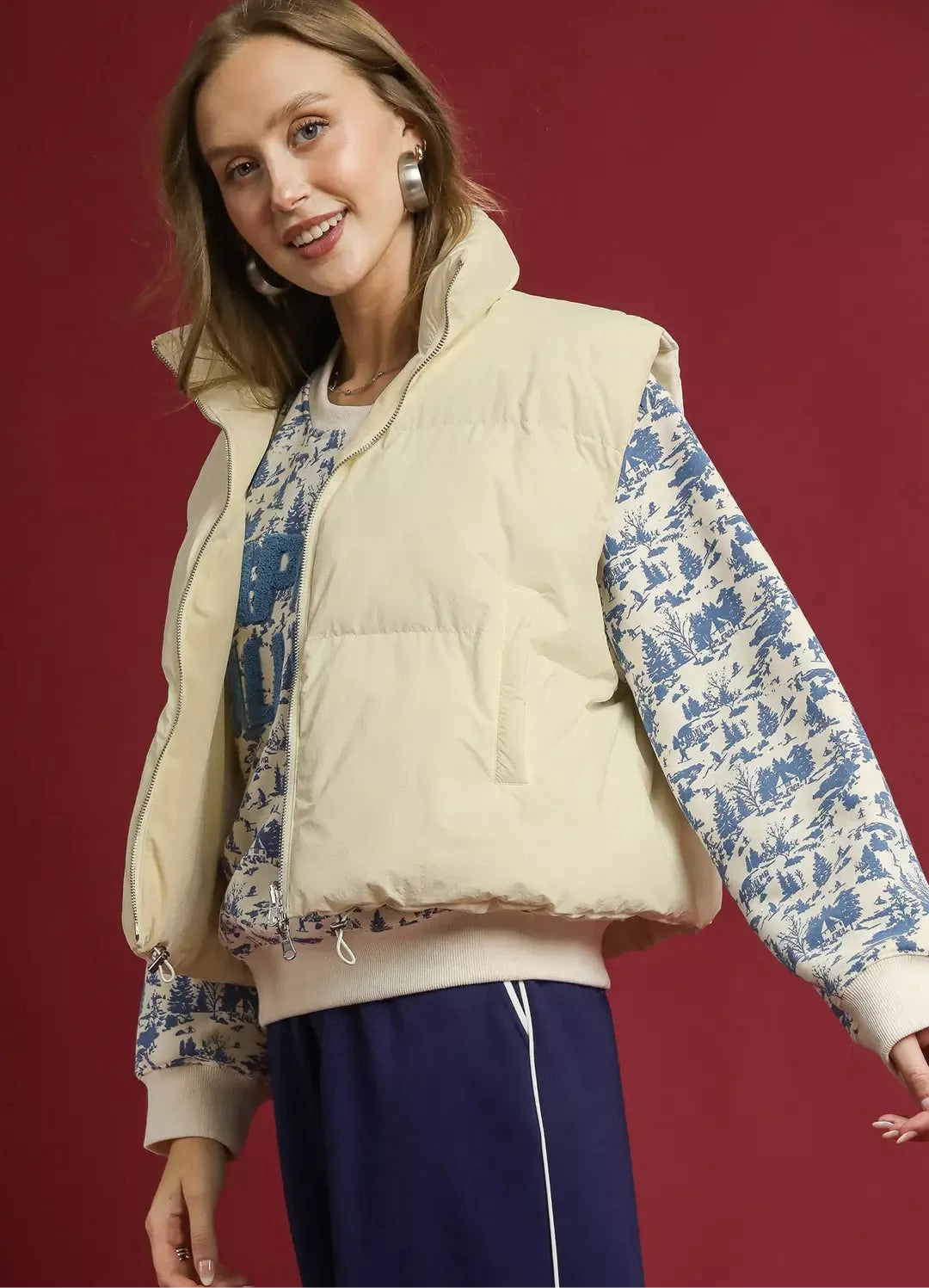 Umgee High Neck Puffer Vest with Zip Front