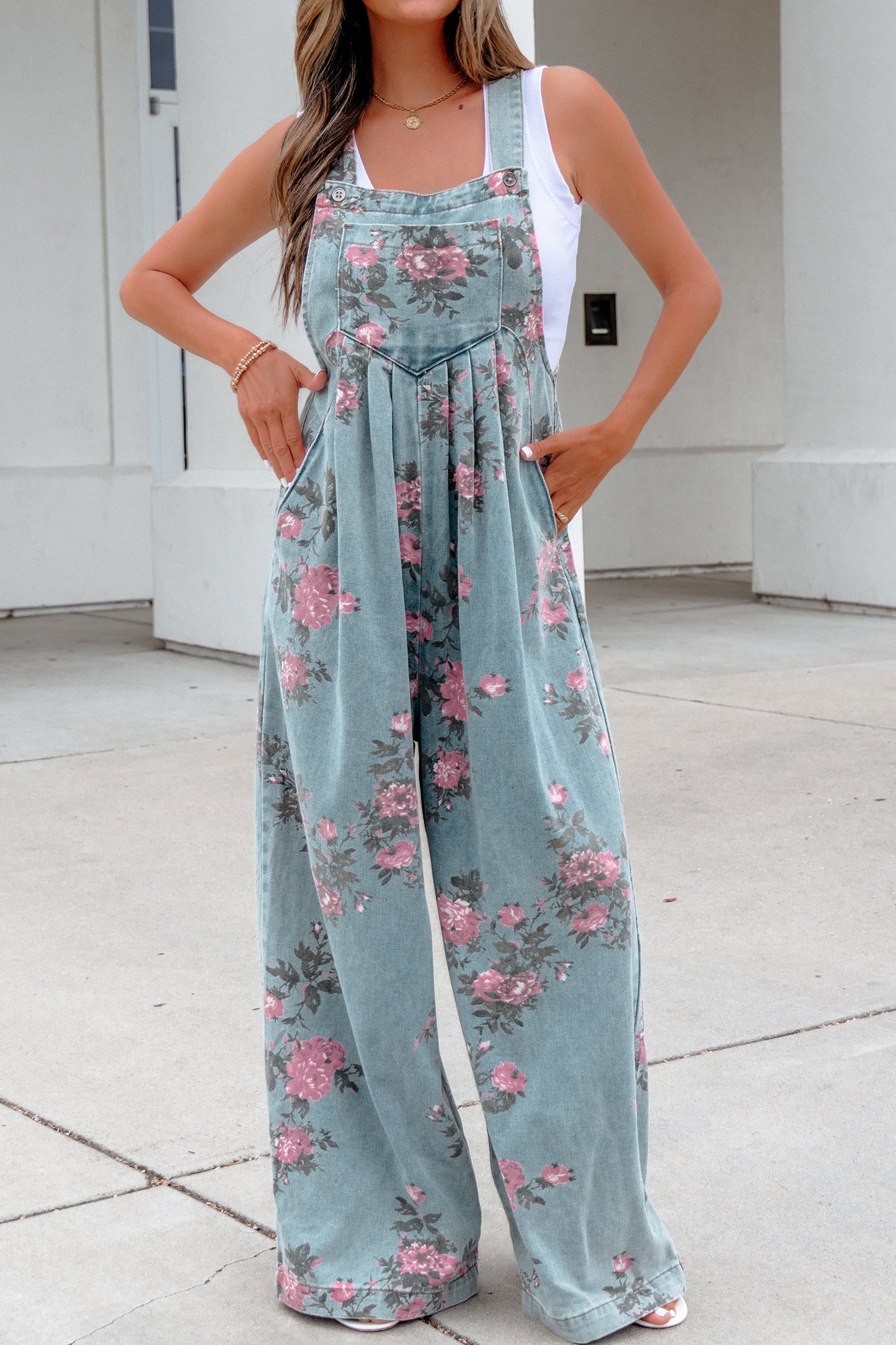 Sage Blossom Denim Jumpsuit