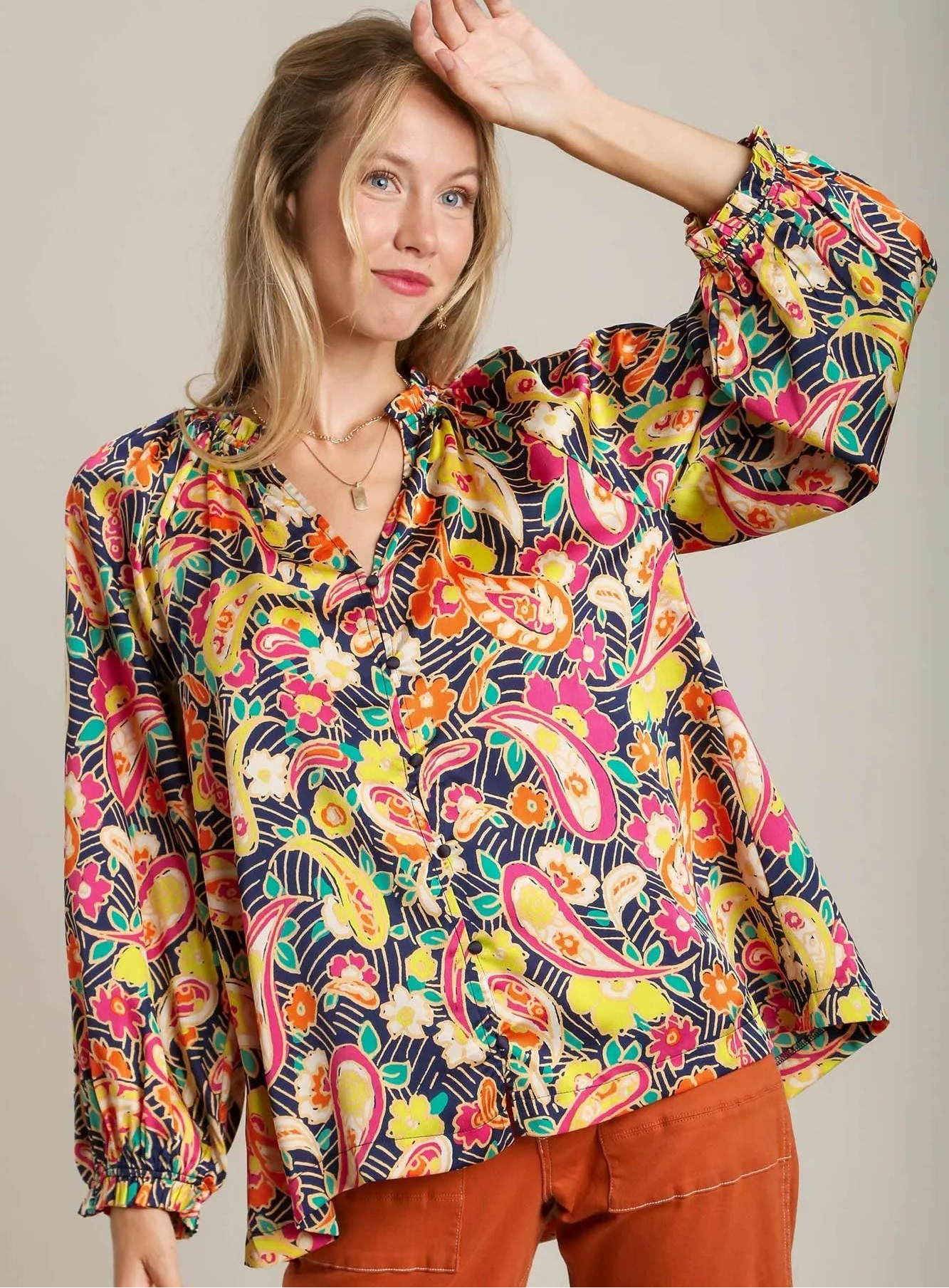 Extra Credit Paisley Ruffle Neck Button-Up Shirt Plus Size