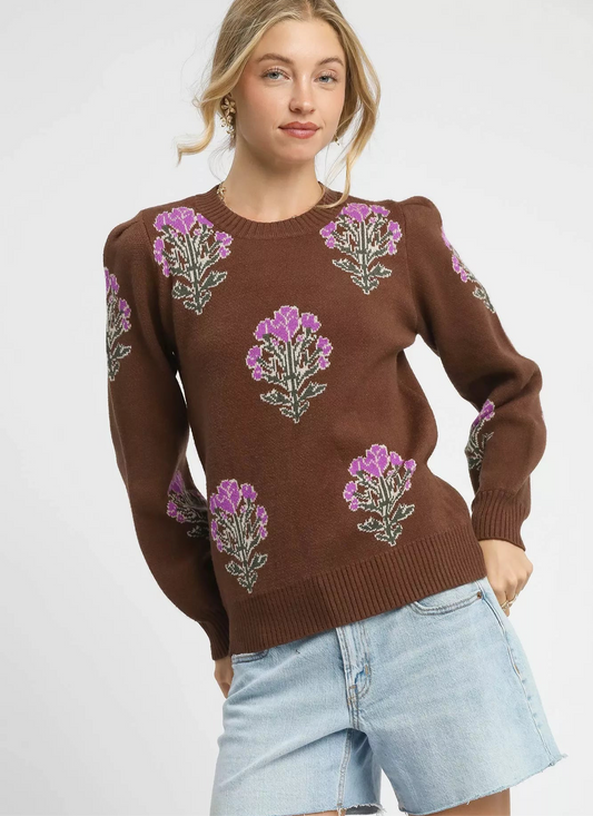 Umgee Single Flower Stem Jacquard Sweater