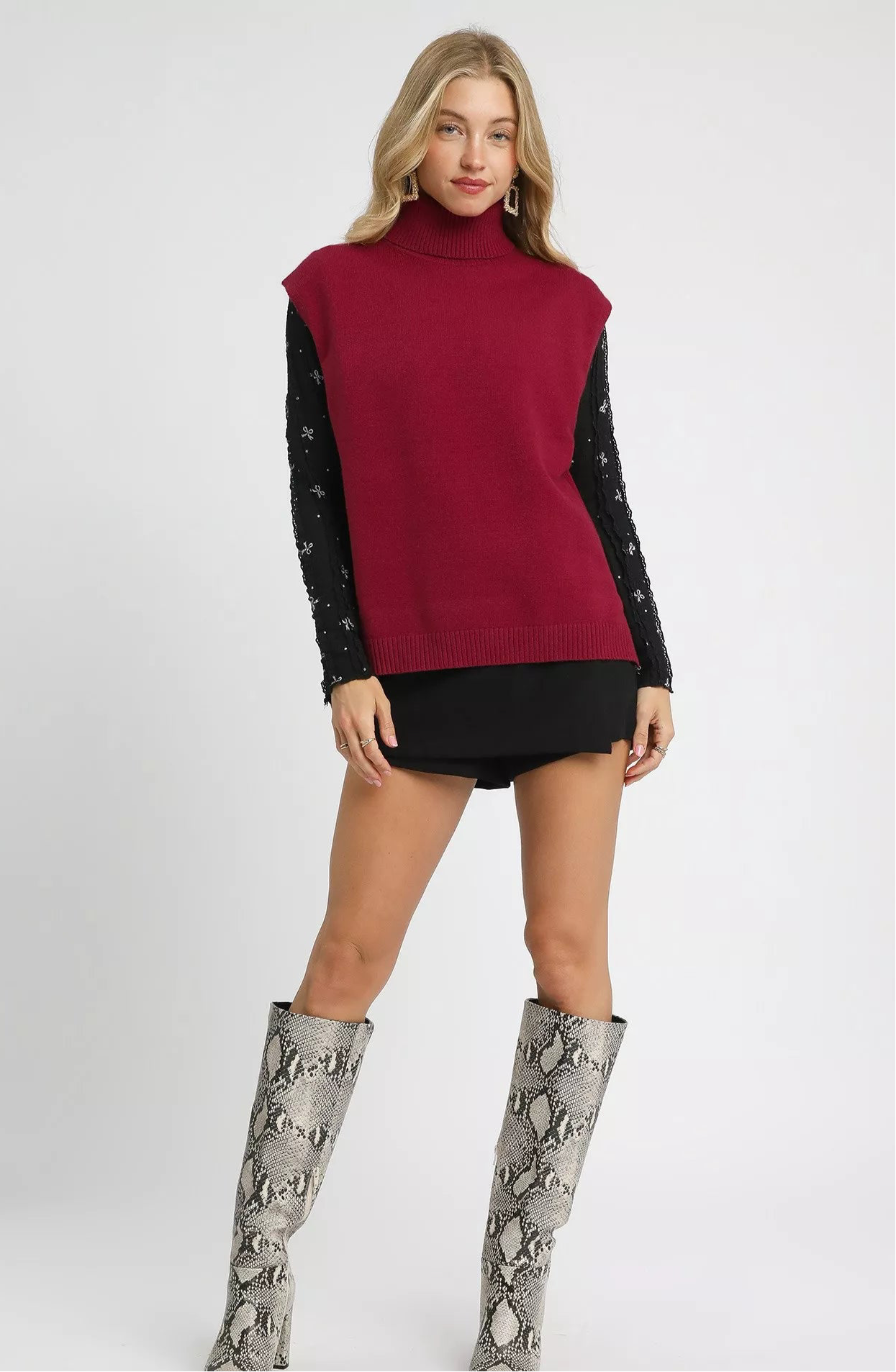 Umgee High-Low Turtleneck Sleeveless Sweater Top
