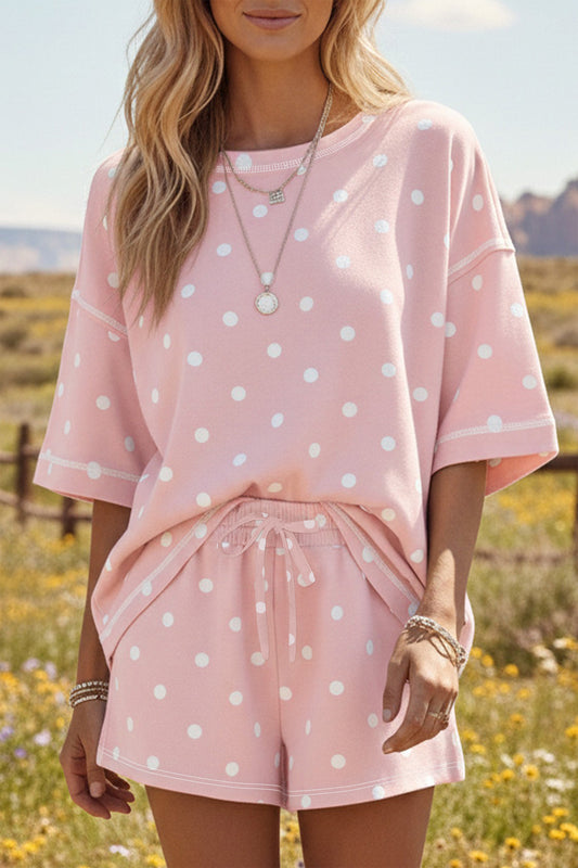 Pink Exposed Seam Detail Polka Dot Loose Tee Drawstring Shorts Set
