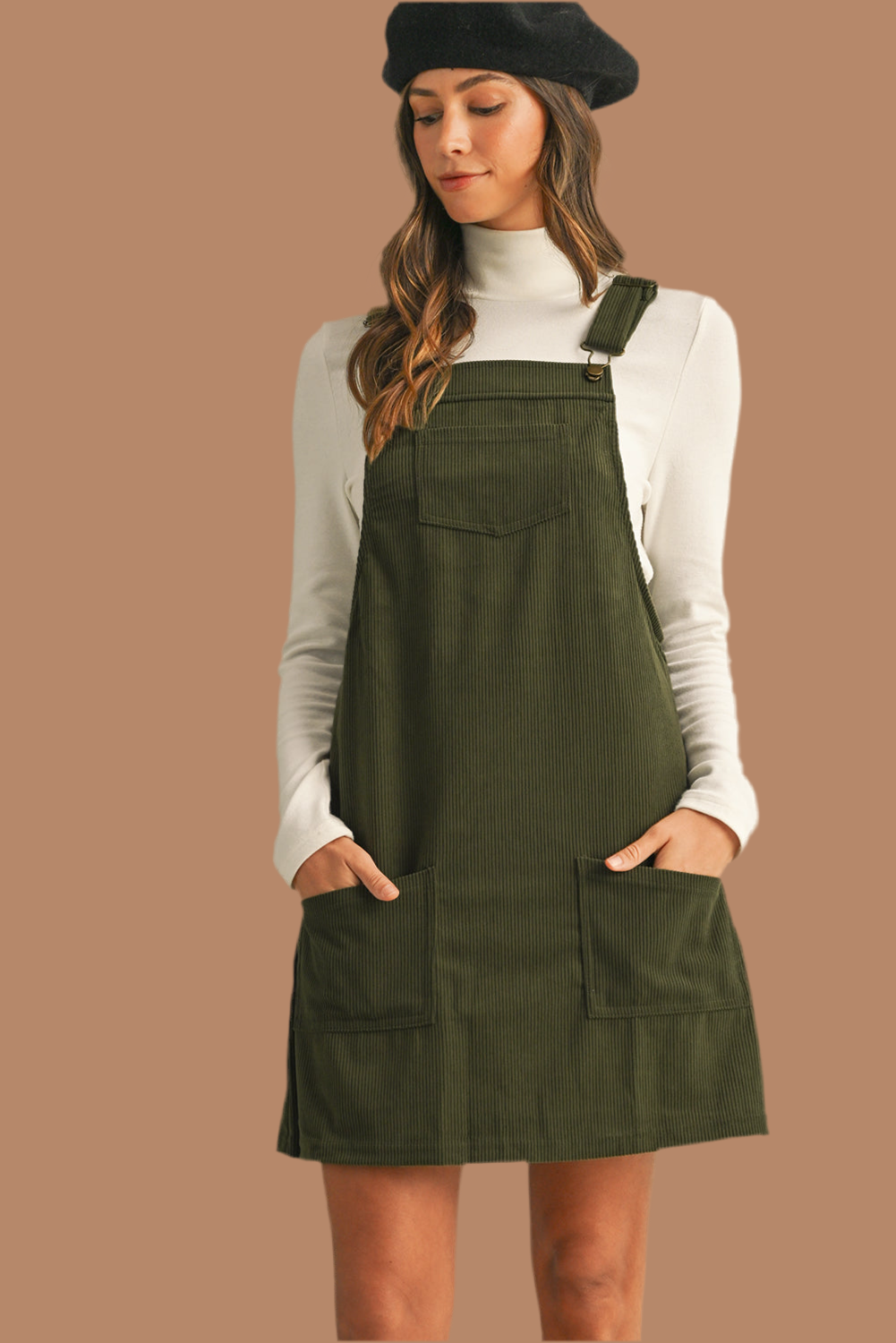 Cinnamon Corduroy Front Pockets Overall Dress