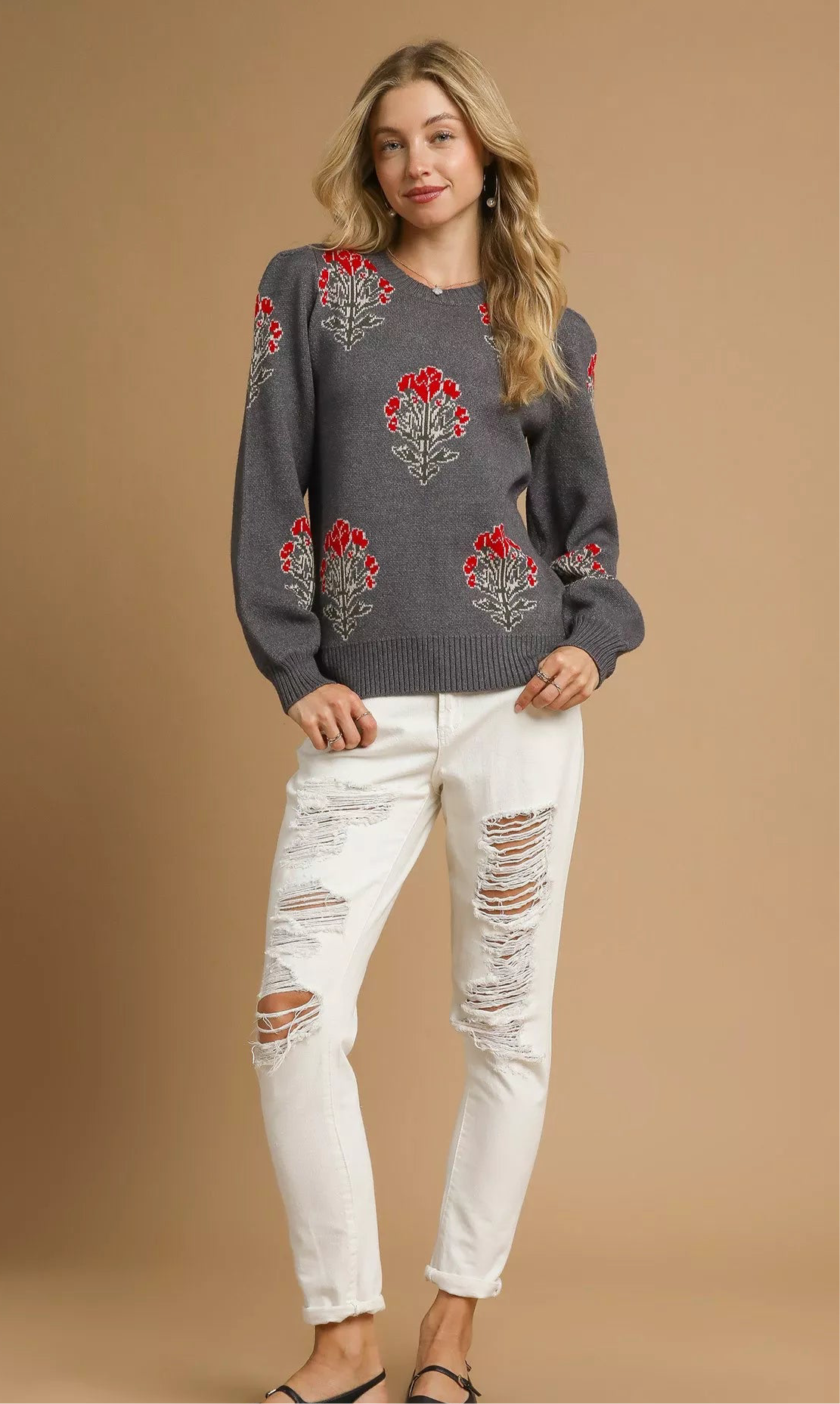 Umgee Single Flower Stem Jacquard Sweater