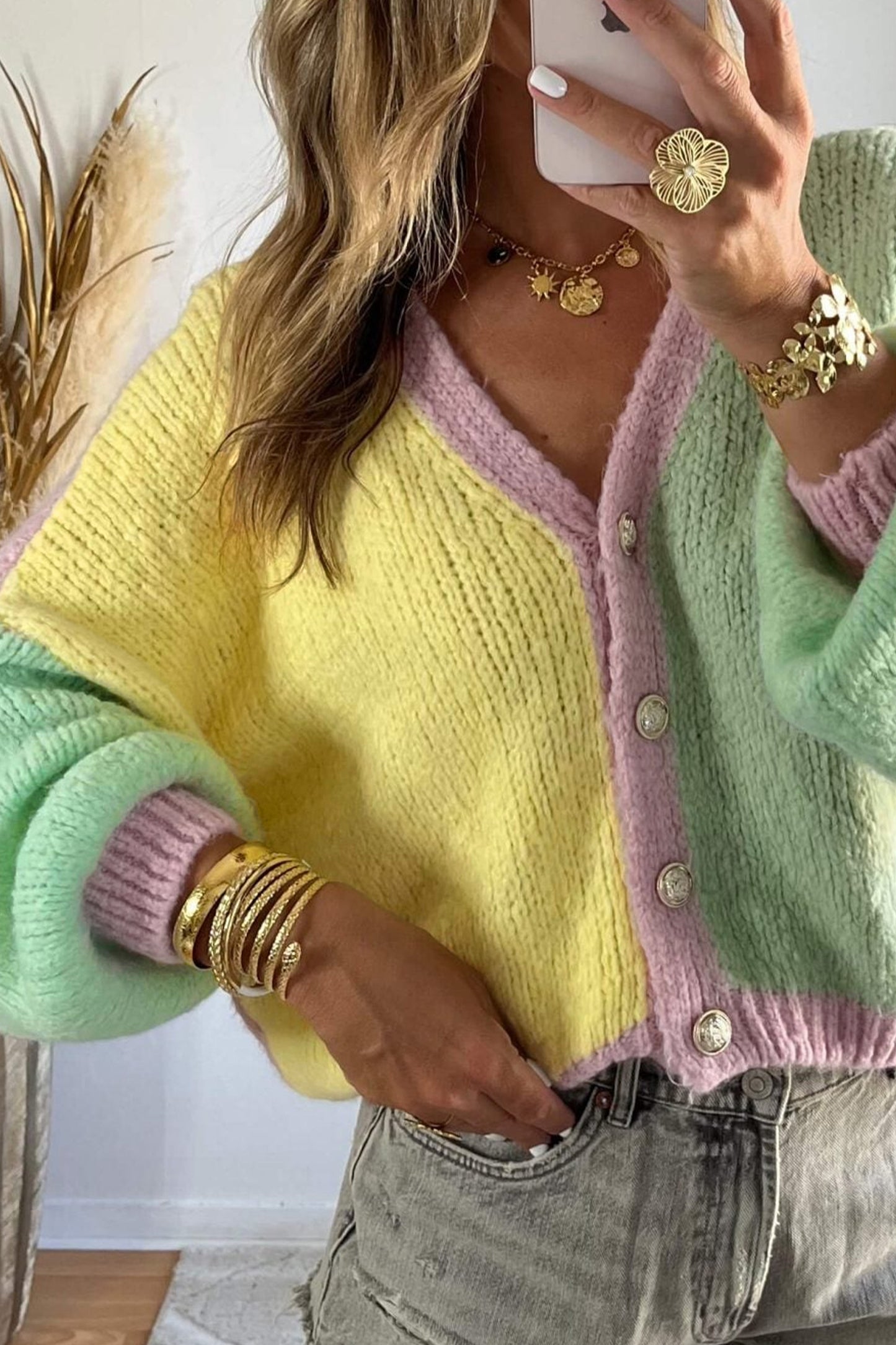 Yellow V Neck Drop Shoulder Patchwork Regular Wash Knitwear Cardigan