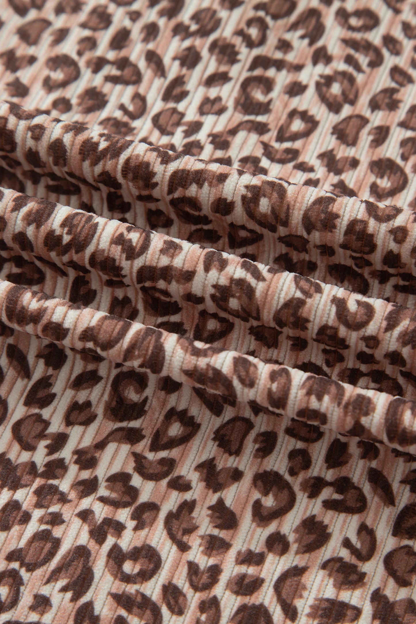 Brown Leopard Print Ribbed Patchwork Half Button Loose Tee Elastic Waist Short 2pcs Set