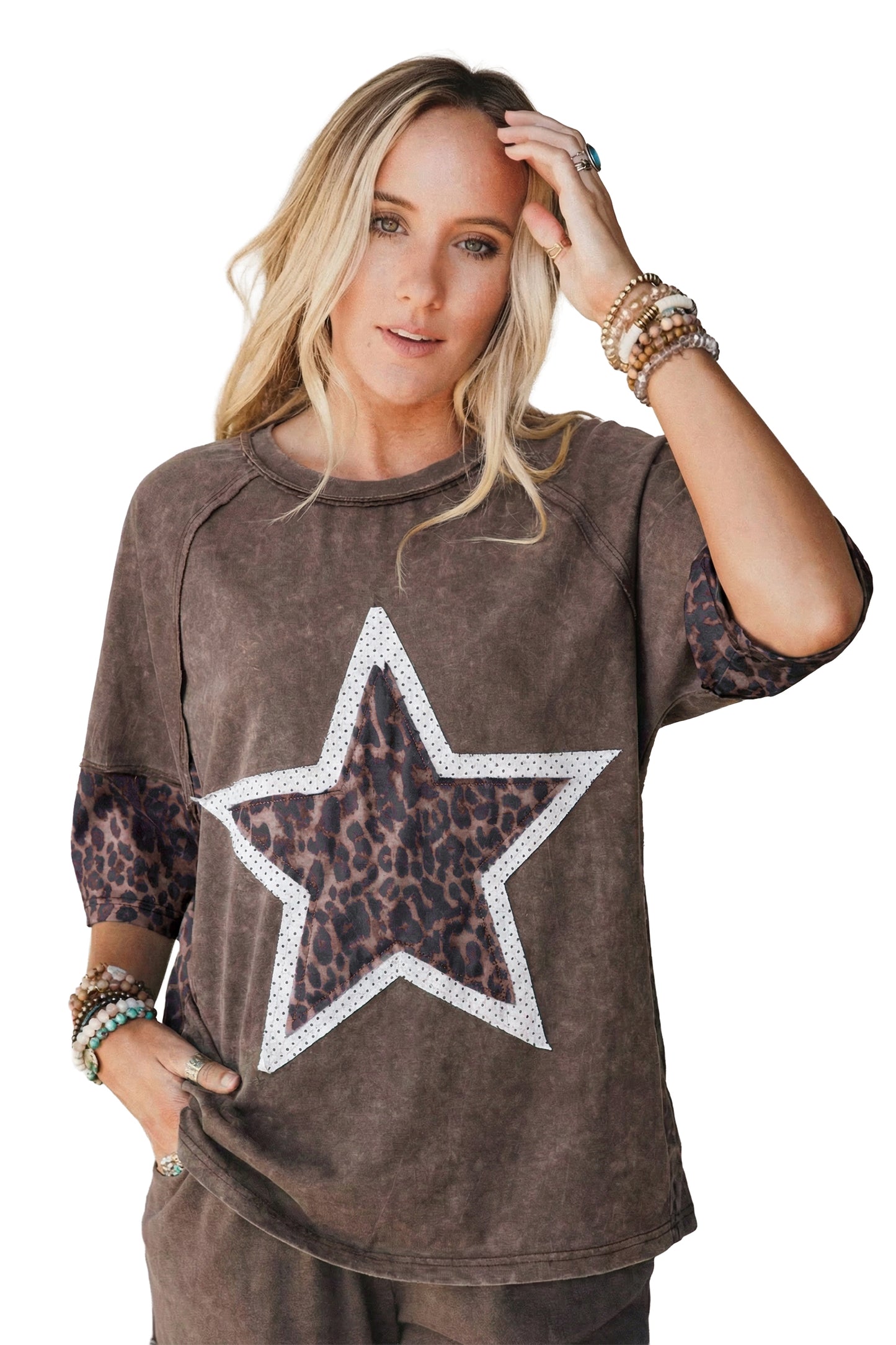 Mineral Wash Exposed Seam Leopard Star Patched T Shirt
