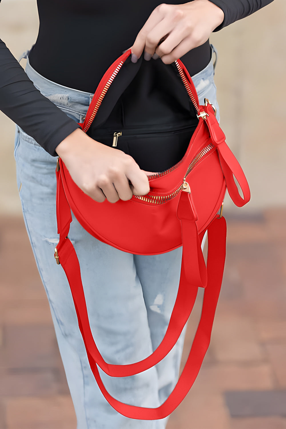 Bright Pink Double Zip Crescent Shape Adjustable Sling Bag