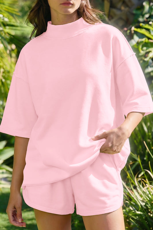 Light Pink Solid Color Exposed Seam Mock Neck Oversize Tee Casual Shorts 2pcs Outfit