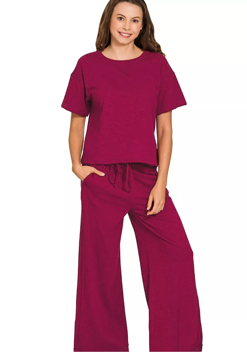 Zenana Cotton Slub Short Sleeve Tee and Pants Set