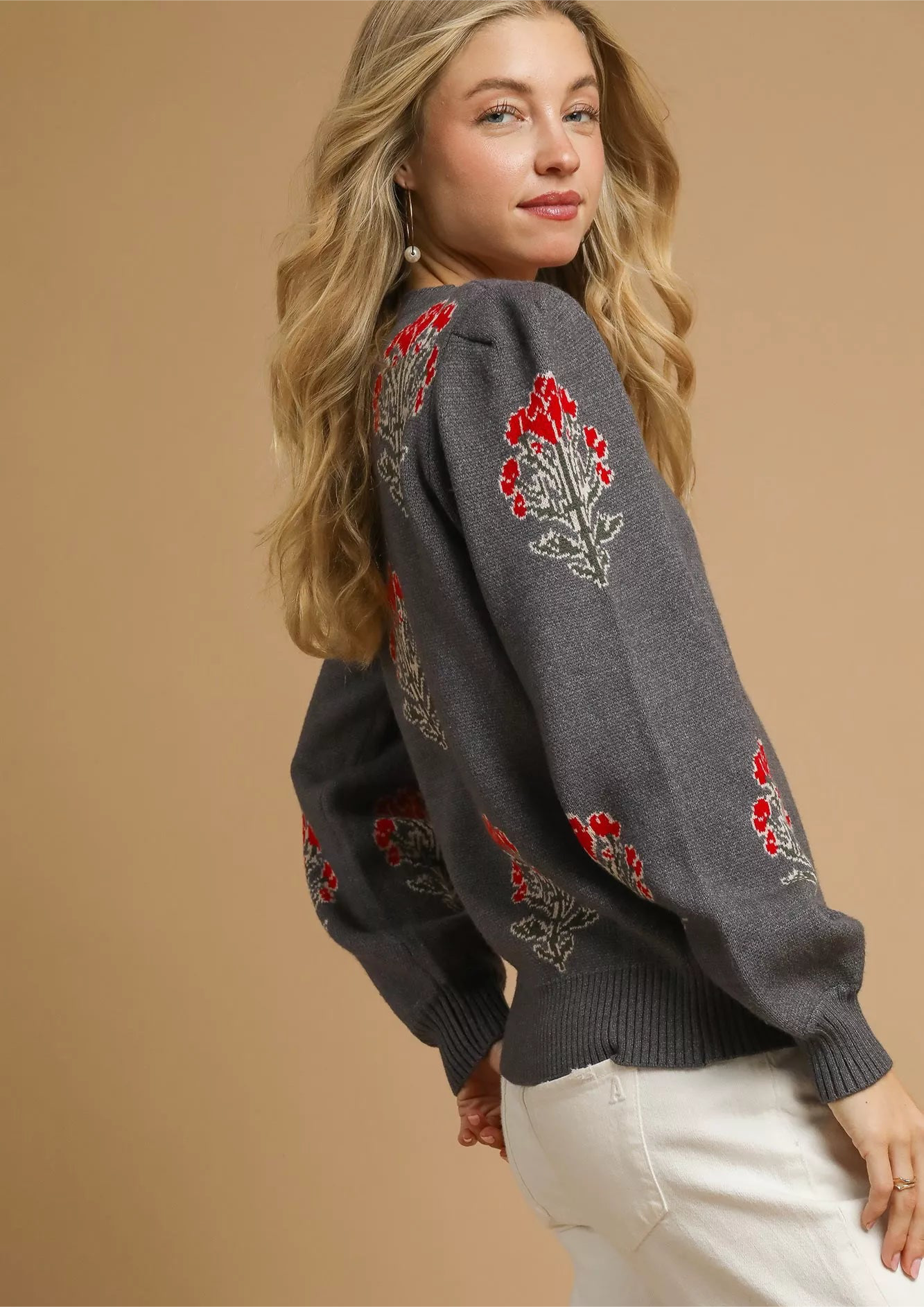 Umgee Single Flower Stem Jacquard Sweater