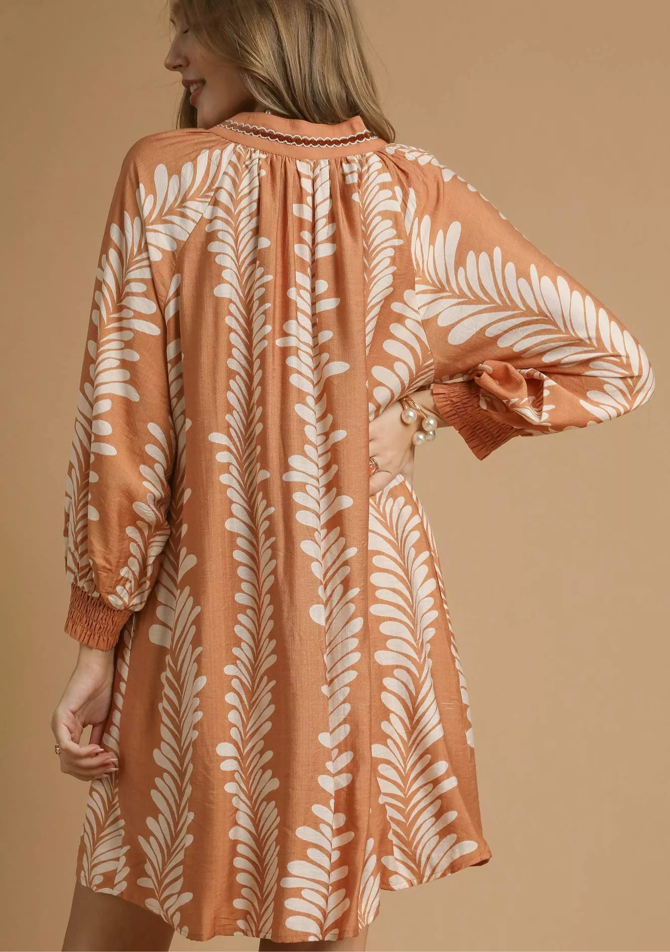 Umgee Leaf Print Notched Mini Babydoll Dress