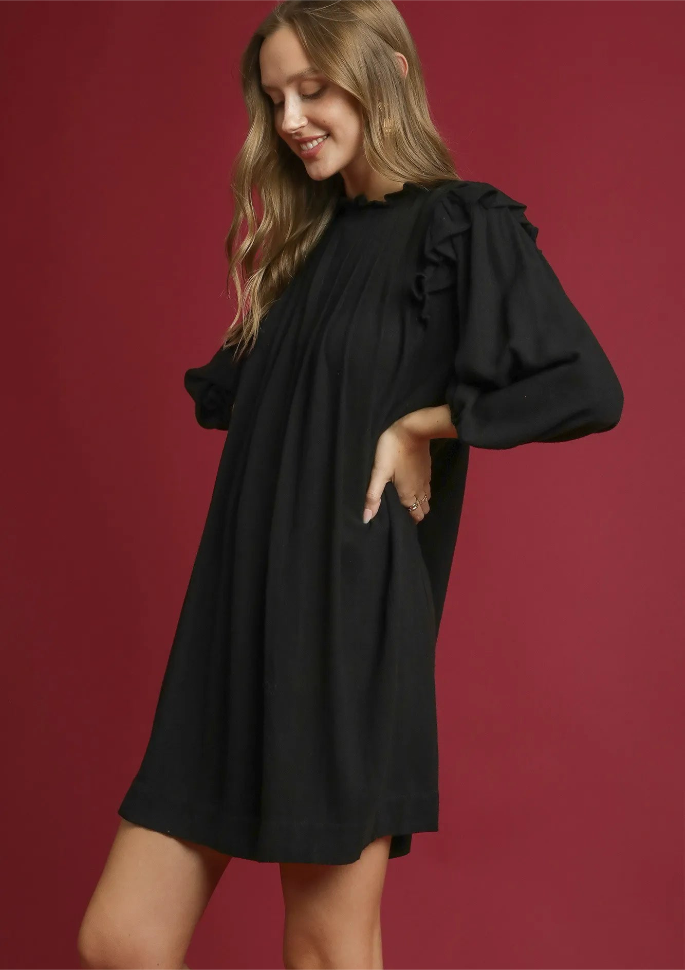 Umgee Linen Ruffle Shoulder Pleated Babydoll Dress