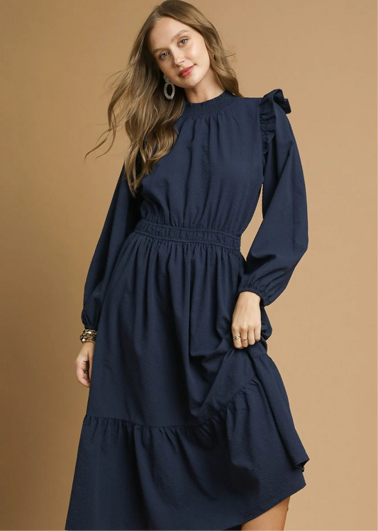 Umgee Textured Midi Dress with Ruffle Shoulder Detail