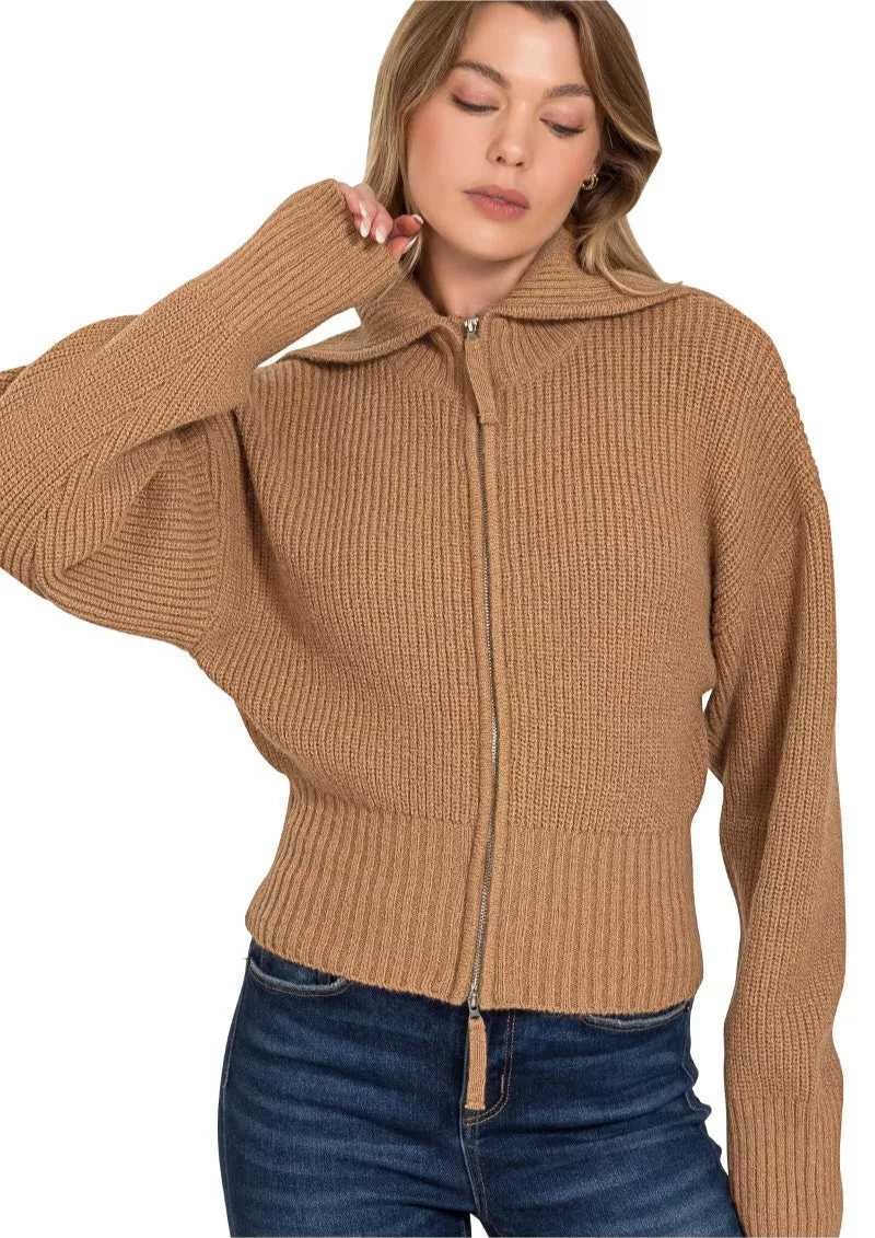 Zenana Ribbed Collared Zip Up Sweater Cardigan