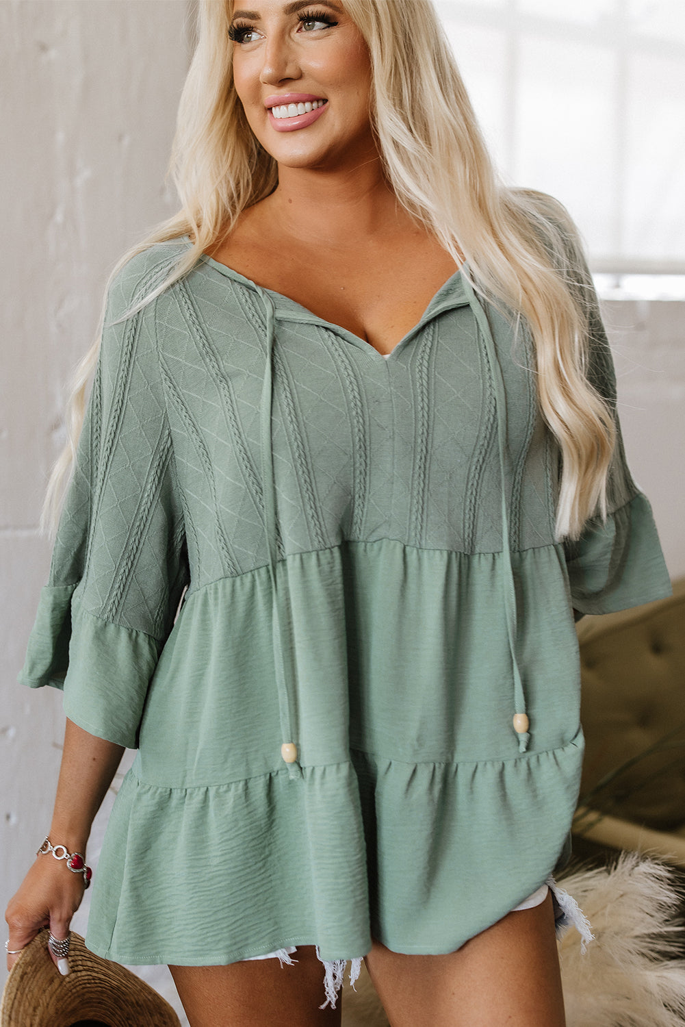 Sage Green Textured Ruffle Patchwork Blouse
