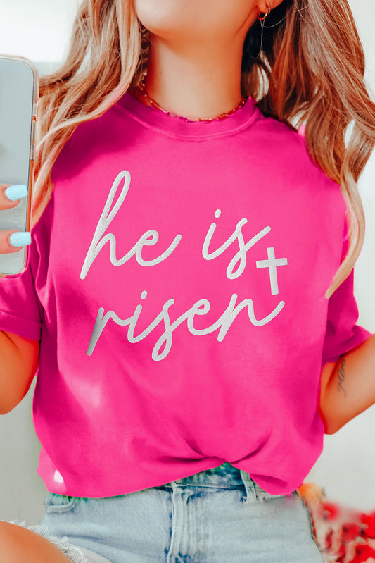 Pink Glitter He is risen Cross Printed Crewneck Tee