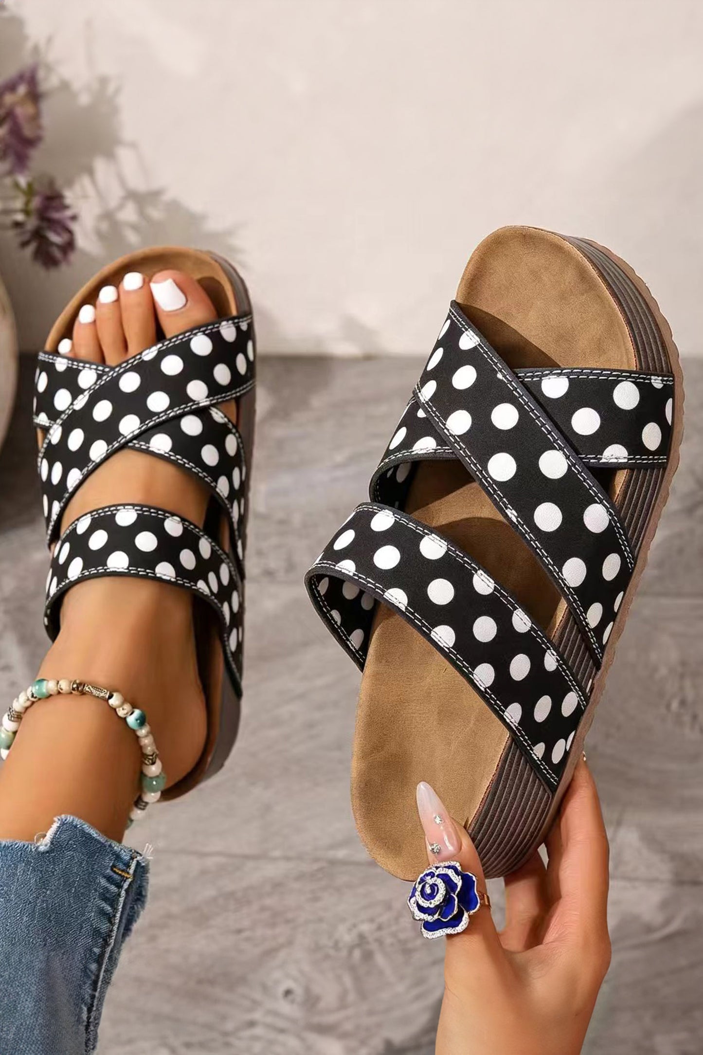Color black Polka Dot Crossed Band Soft Suede Platform Slippers