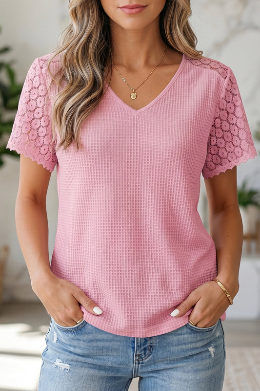 Pink Lace Splicing Button Cutout V Neck Waffle Knit Blouse