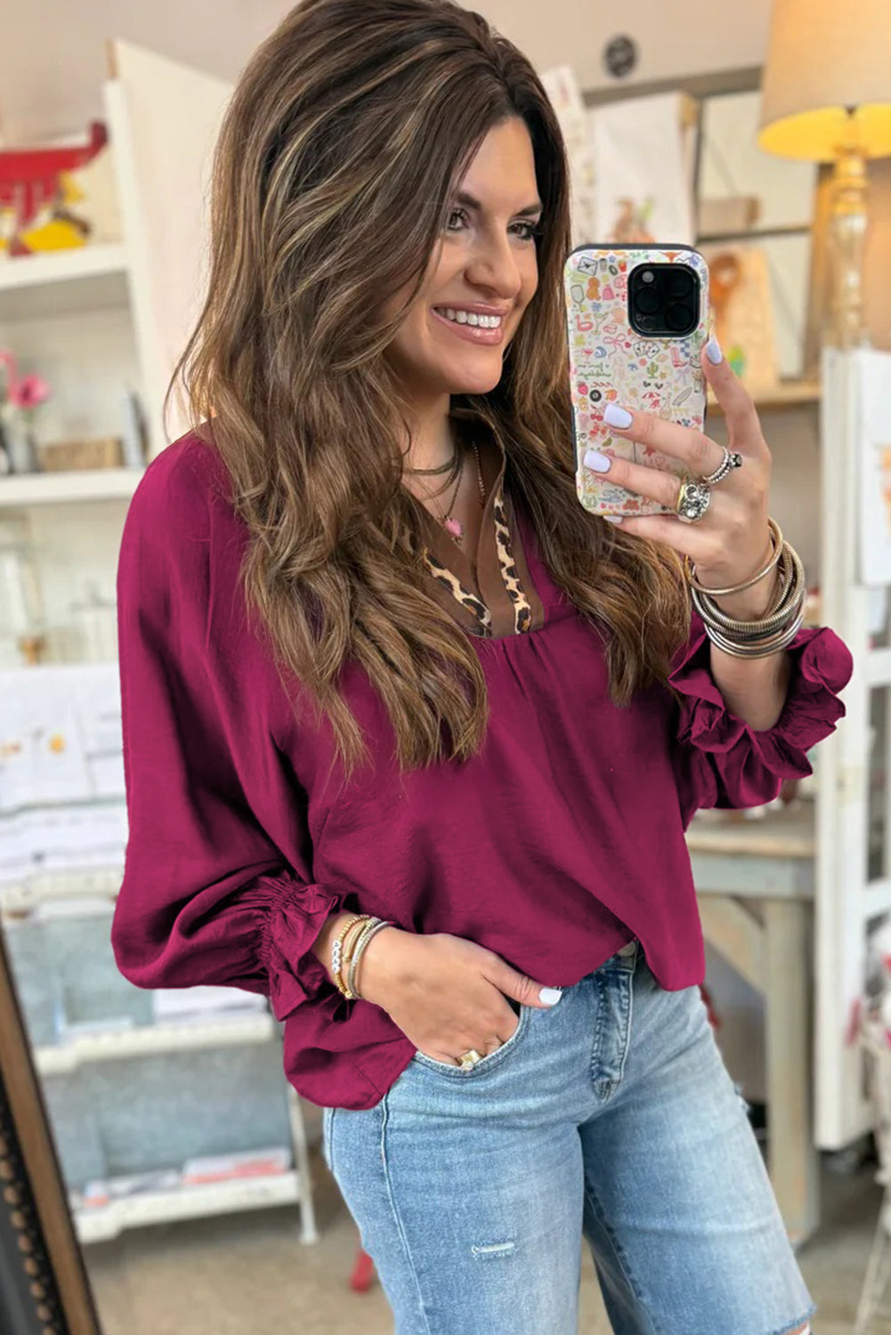 Violet Leopard Trim V Neck Flounced Bracelet Sleeve Blouse
