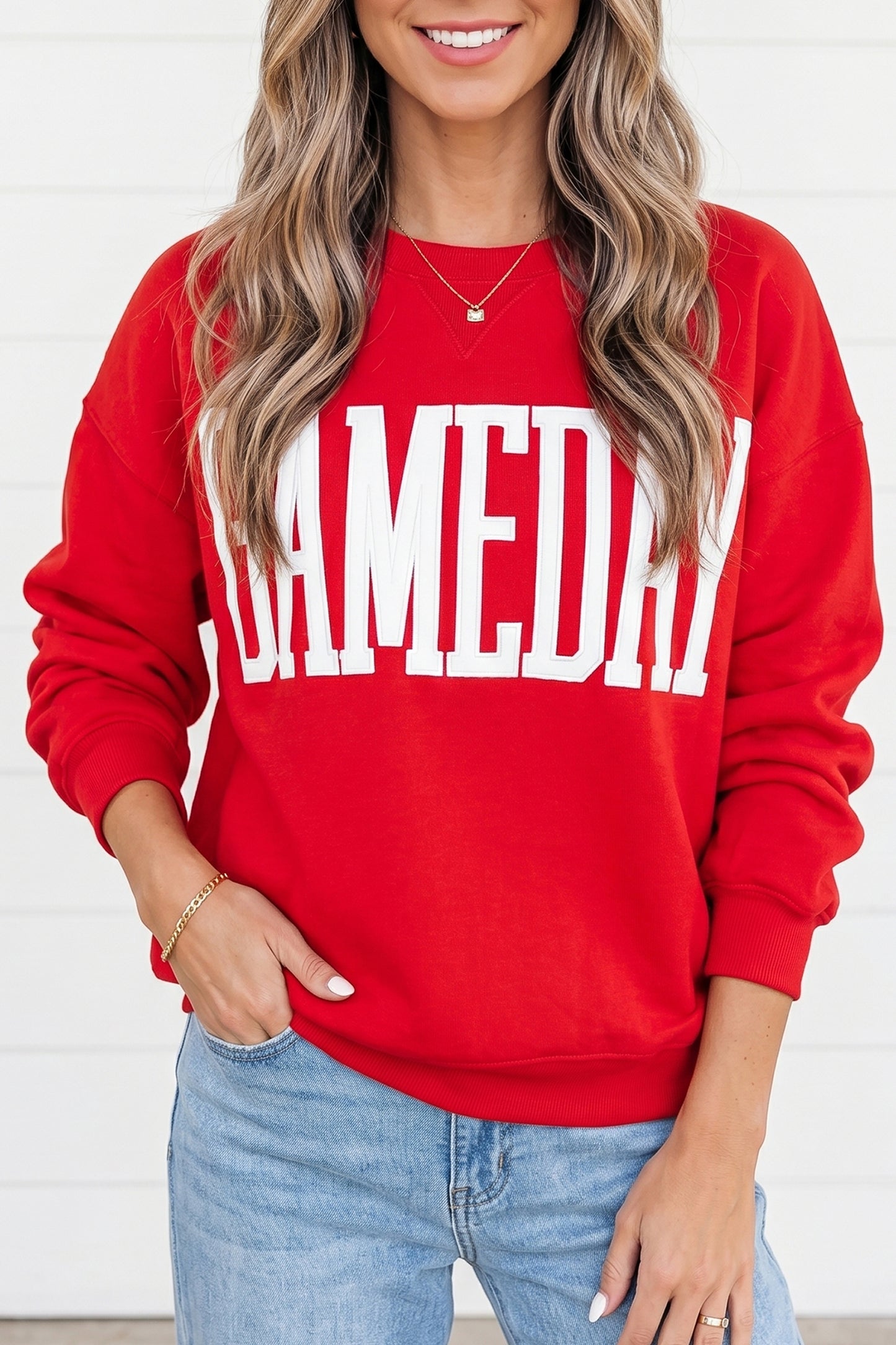 Red GAMEDAY Embroidered Patch Pattern Sweatshirt